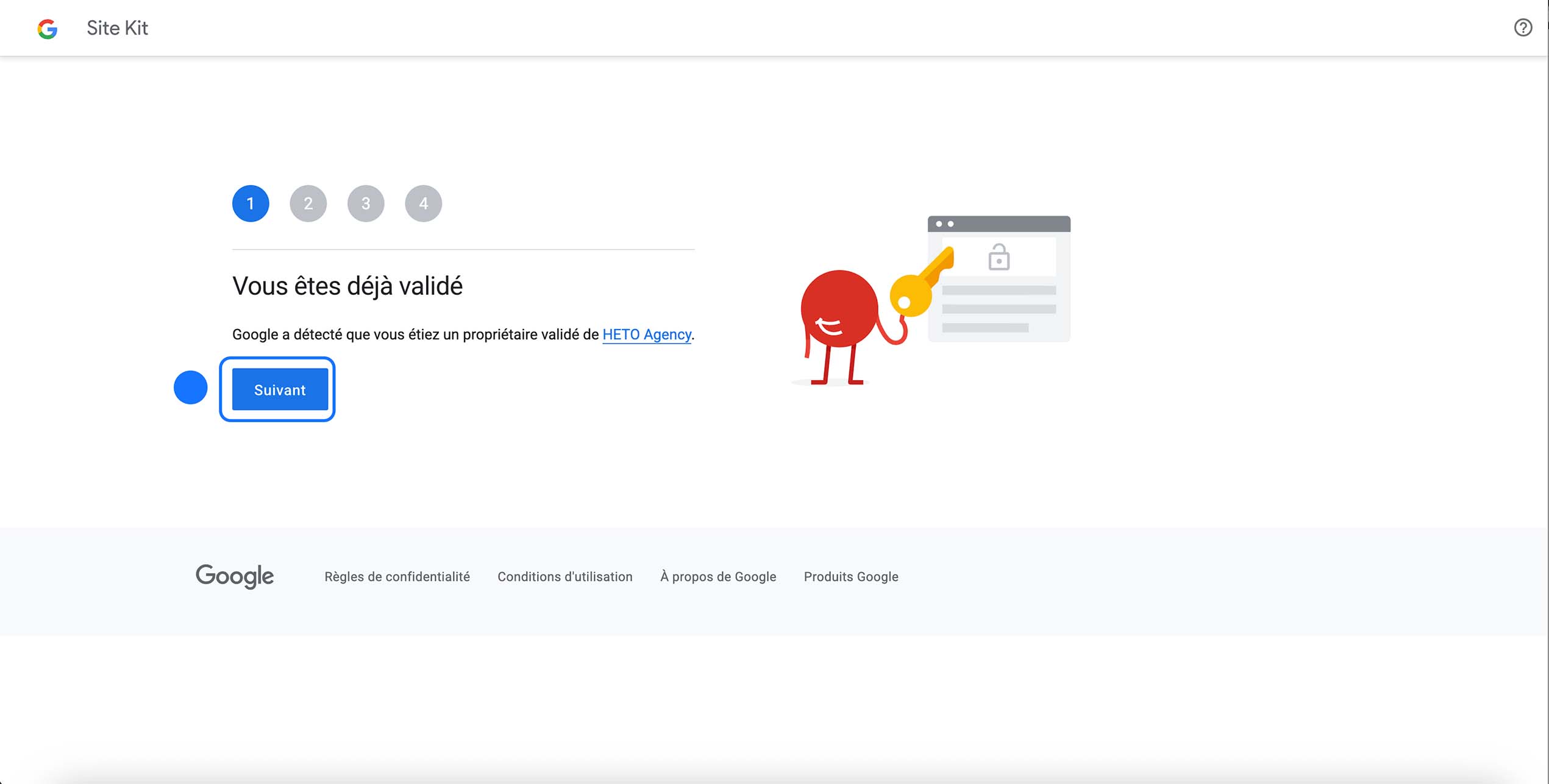 Validation du propriétaire du site dans Site Kit WordPress avant de poursuivre la configuration Google Analytics