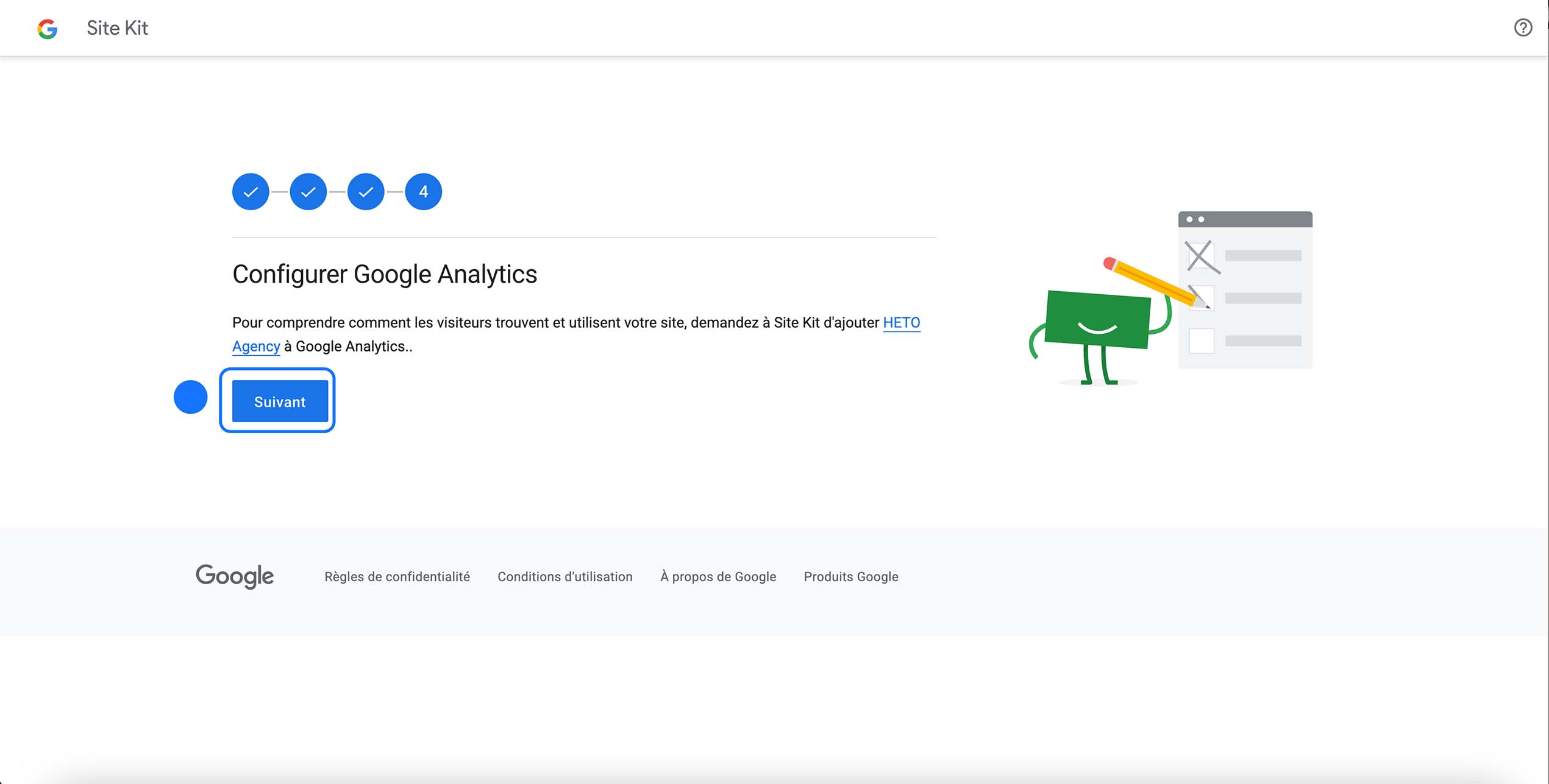 Étape de configuration de Google Analytics dans Site Kit WordPress avec bouton Suivant pour connecter le site