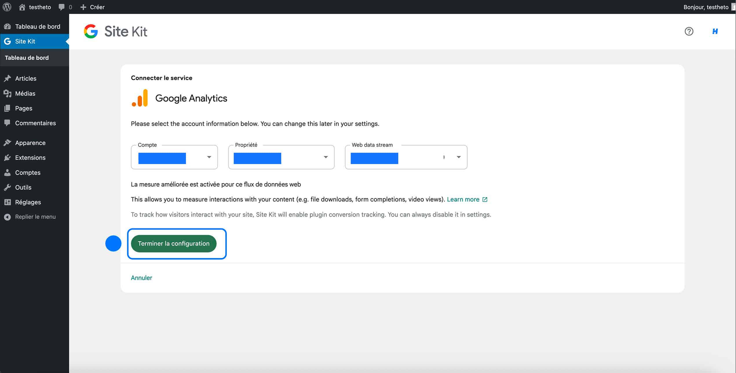 Sélection du compte et de la propriété Google Analytics dans Site Kit WordPress avant de terminer la configuration