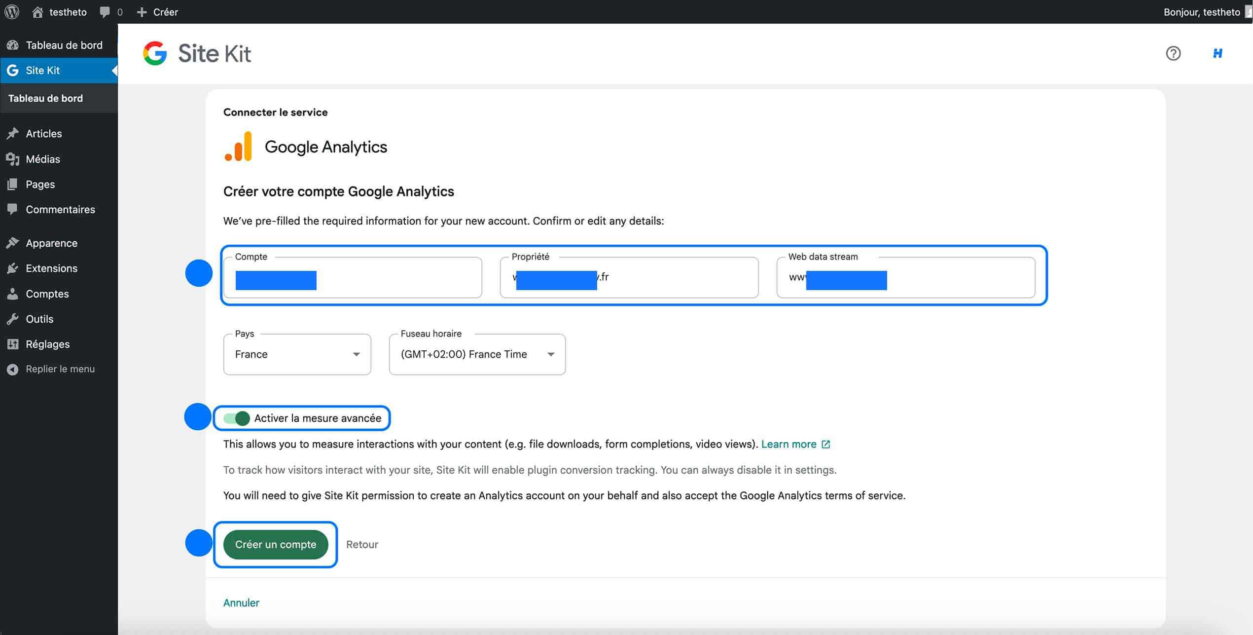 Création d’un compte Google Analytics dans Site Kit WordPress avec configuration de la propriété et du flux de données Web