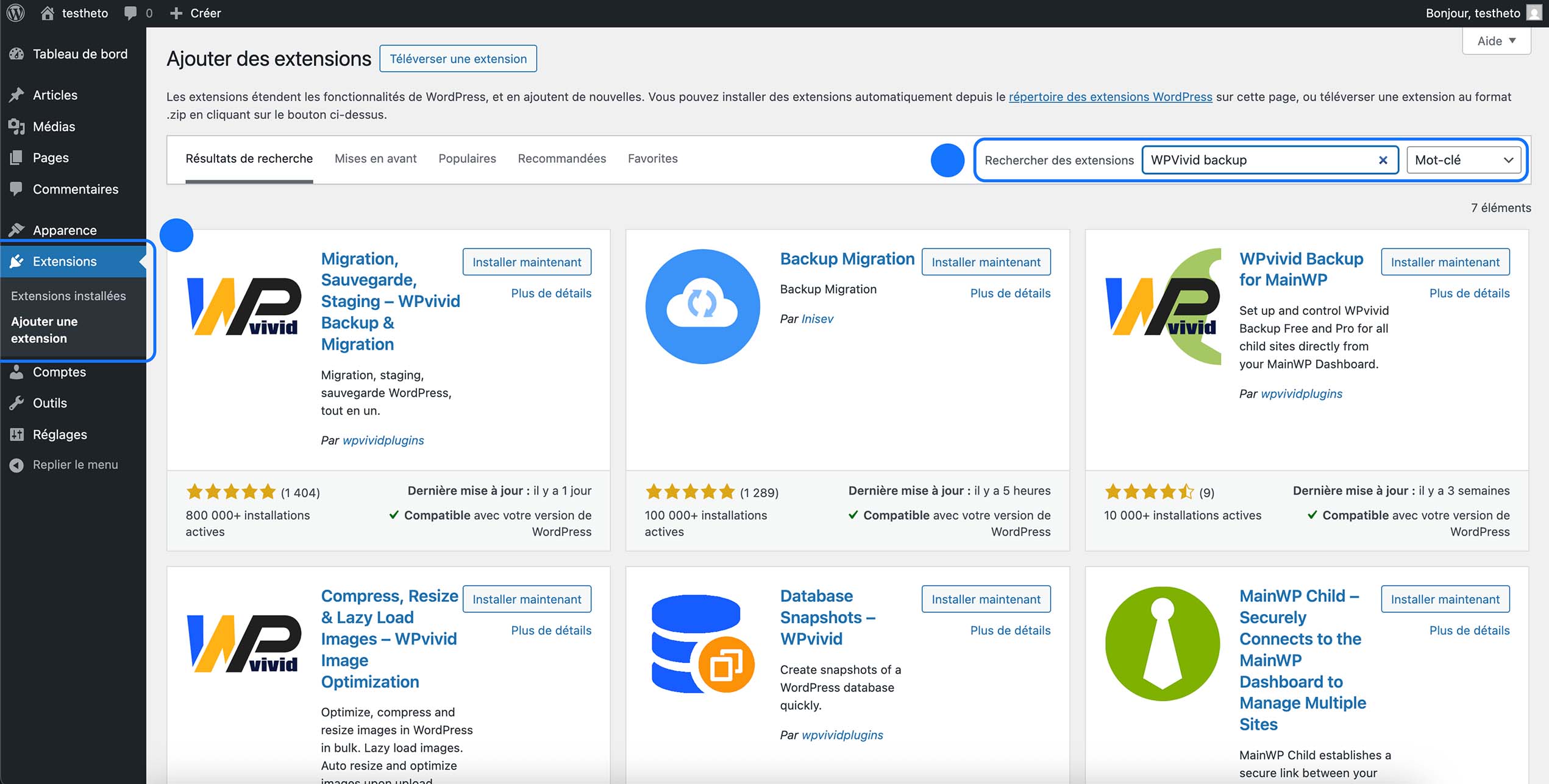 Recherche du plugin WPvivid Backup dans le répertoire d’extensions WordPress