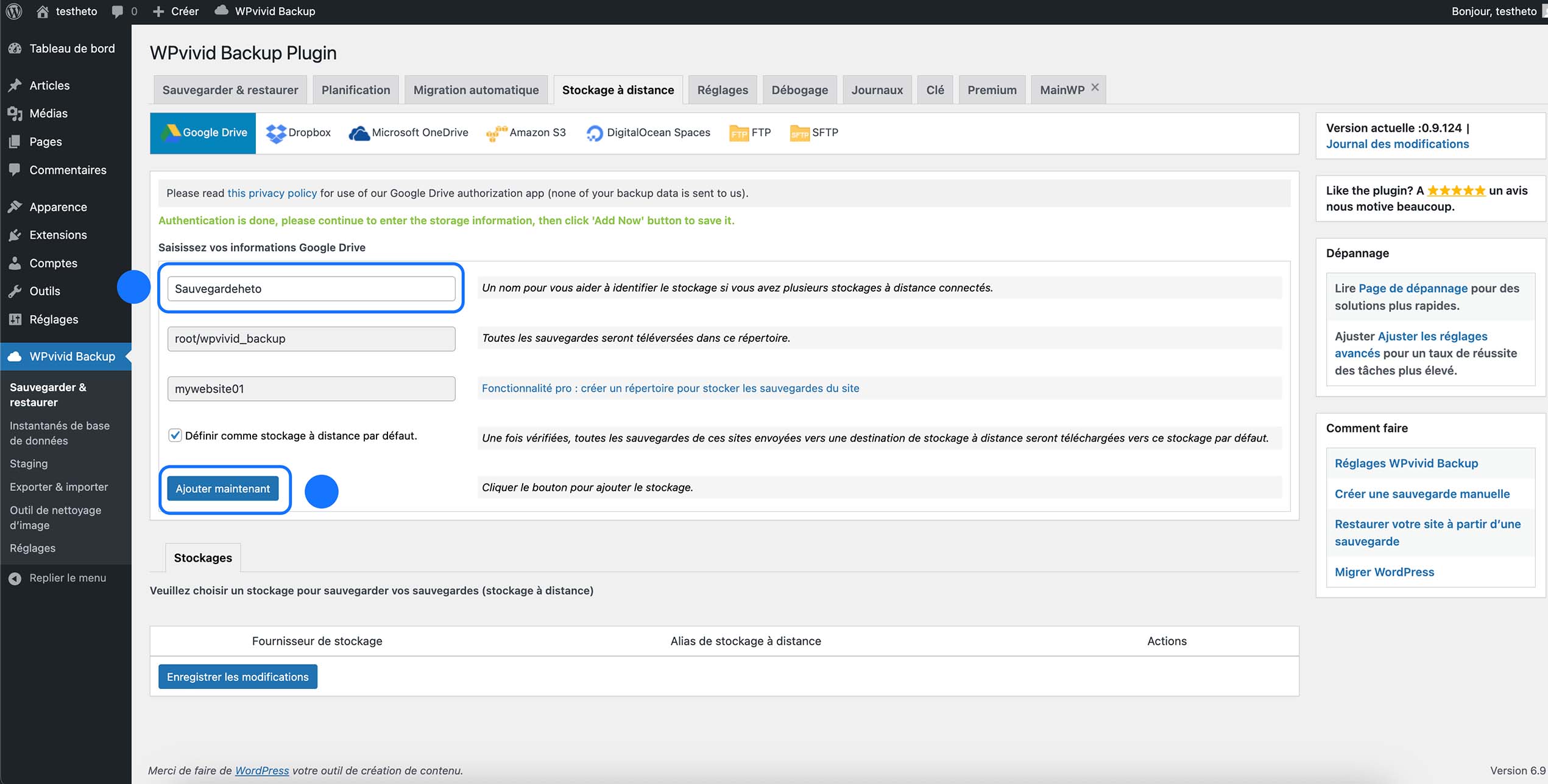 Ajout de Google Drive comme stockage distant dans WPvivid Backup