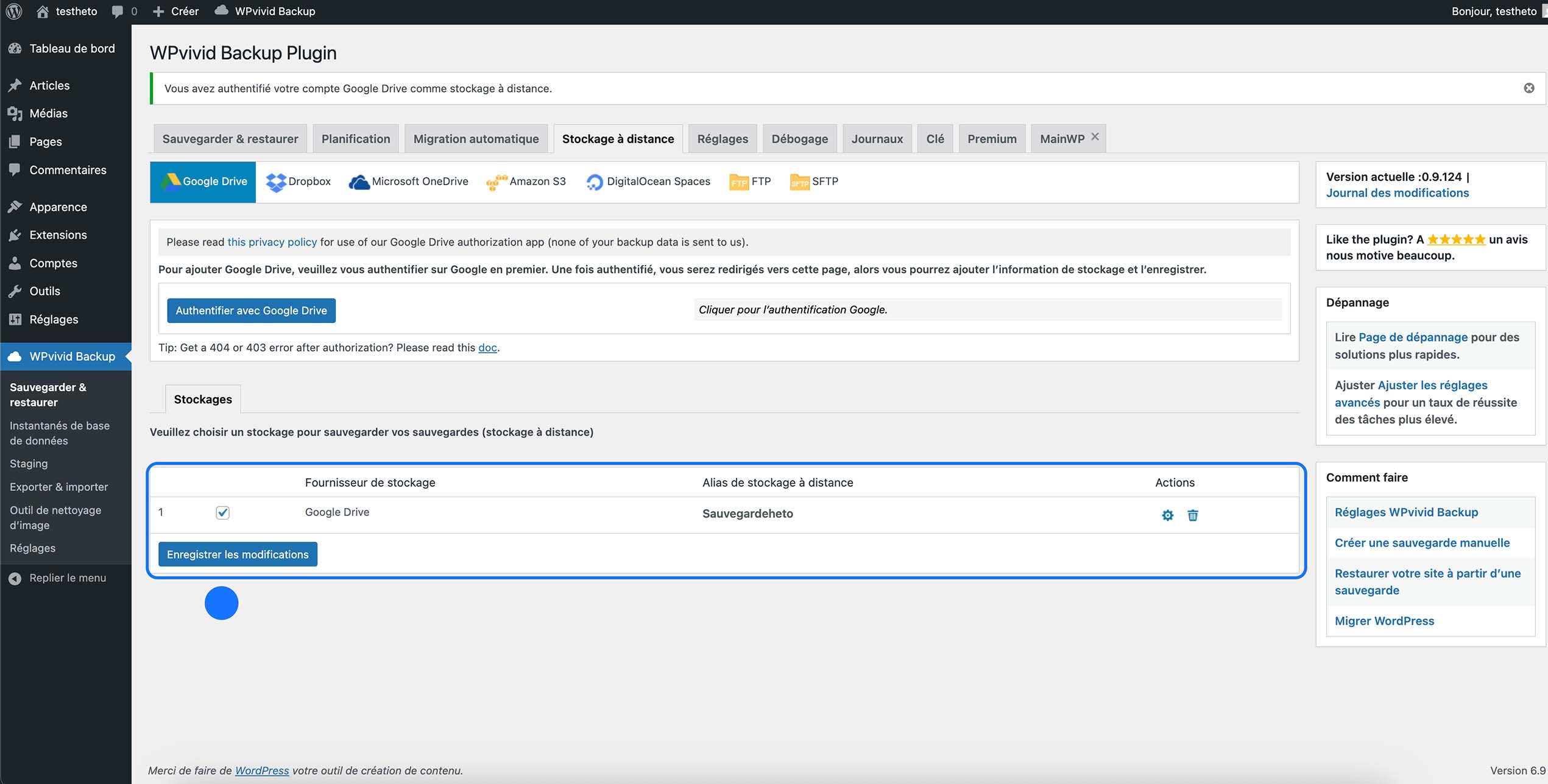 Google Drive enregistré comme stockage distant actif dans WPvivid Backup pour les sauvegardes WordPress