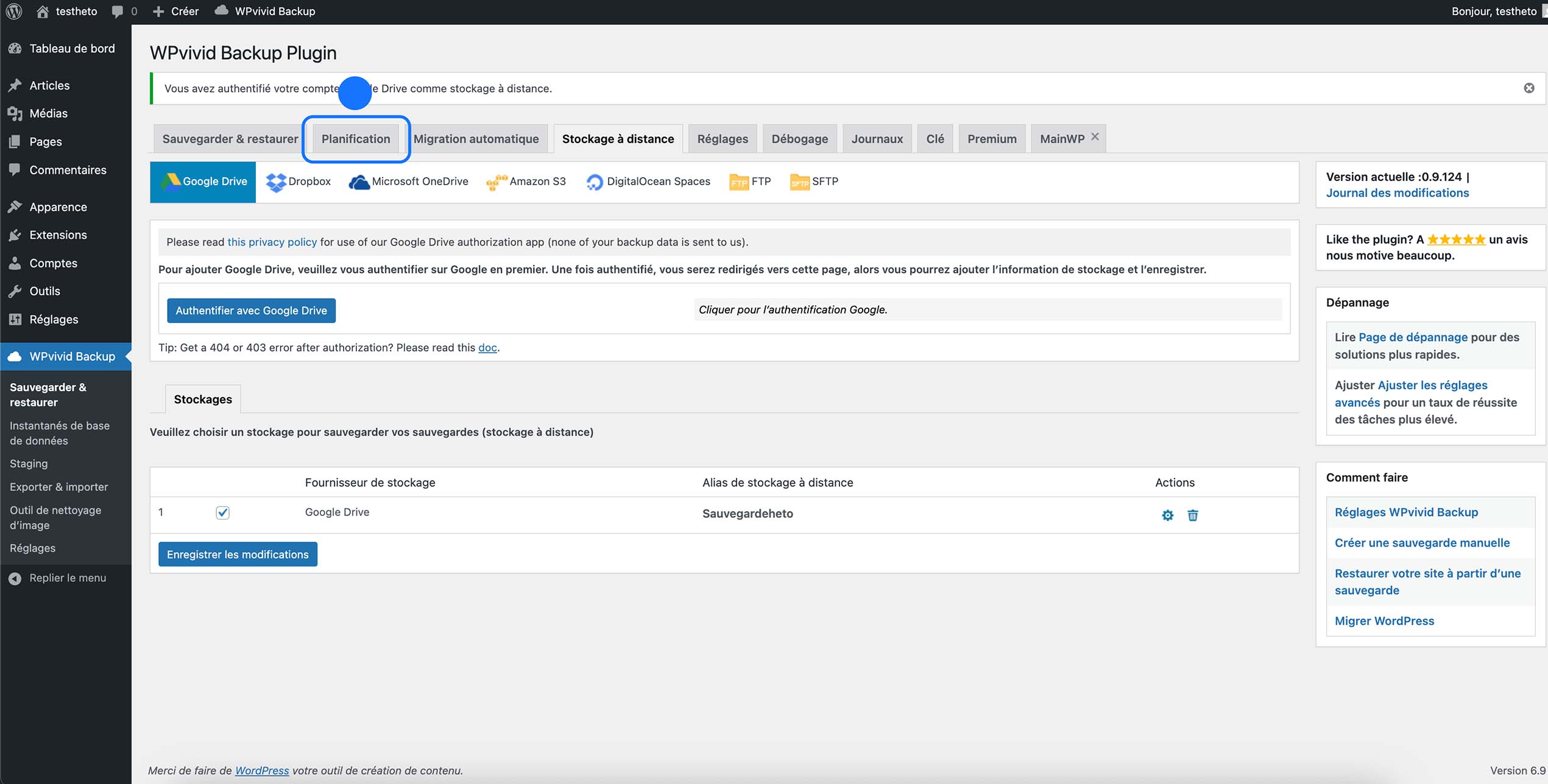 Google Drive configuré comme stockage distant des sauvegardes WordPress dans le plugin WPvivid Backup