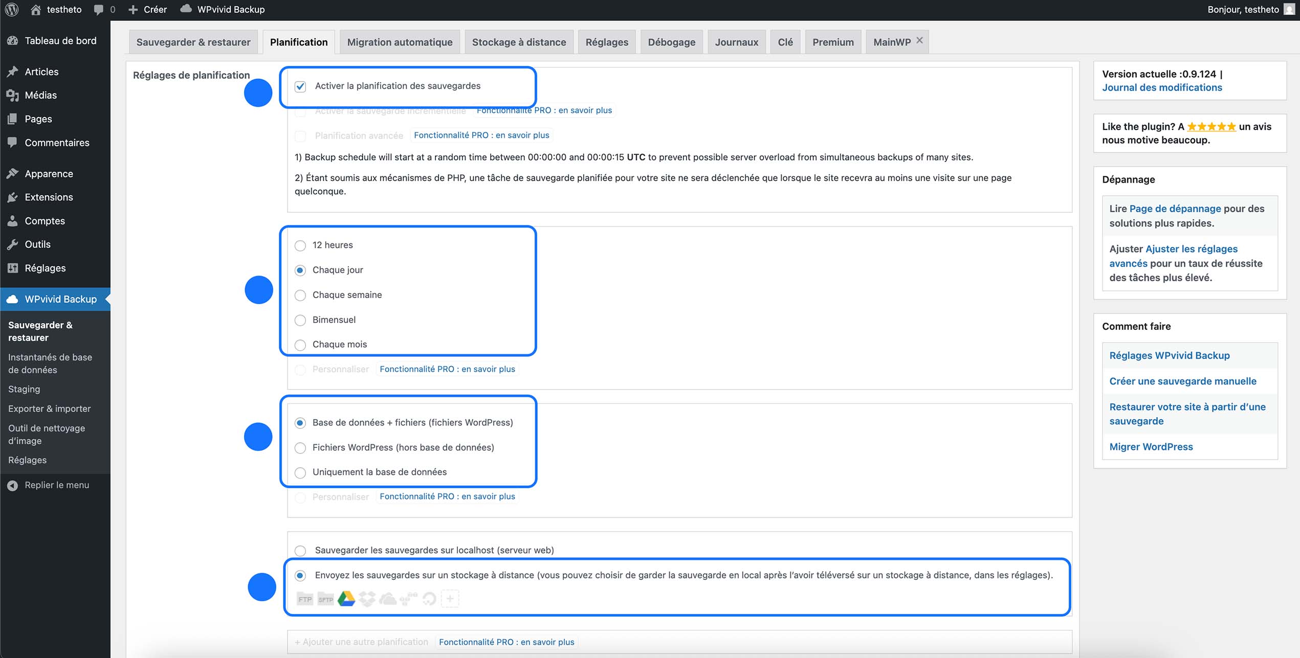 Configuration de la planification des sauvegardes automatiques WordPress dans le plugin WPvivid Backup