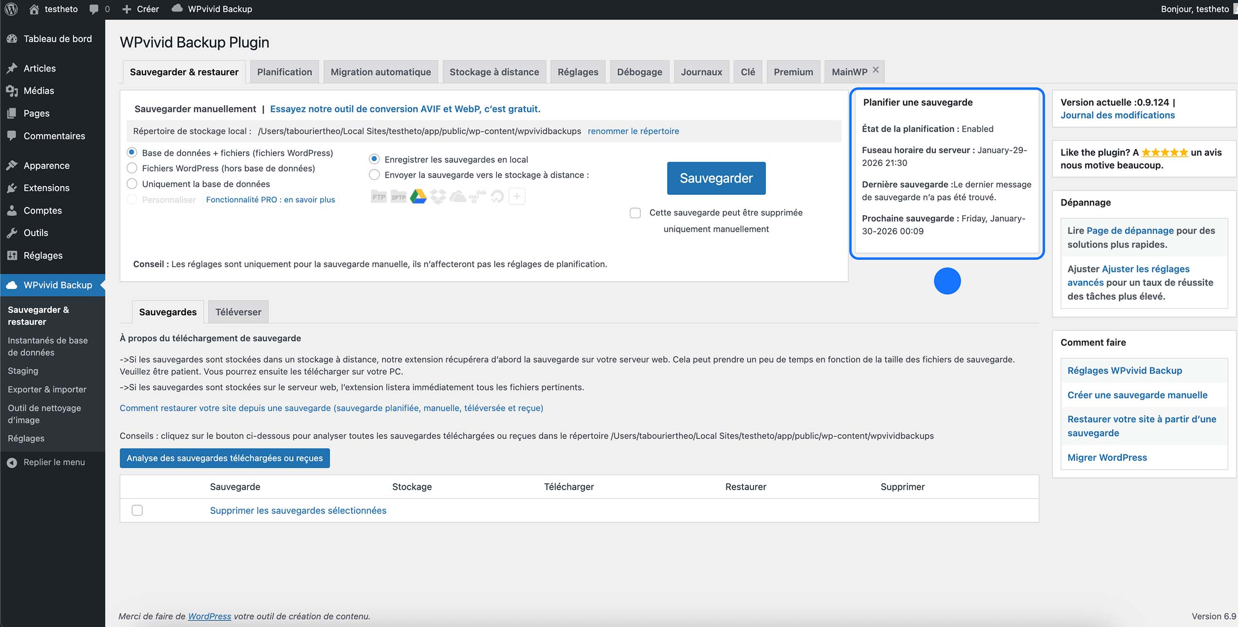 Planification automatique des sauvegardes WordPress dans WPvivid Backup avec prochaine sauvegarde programmée