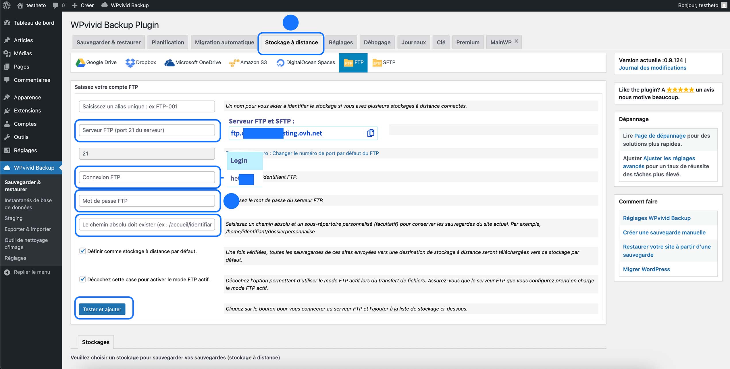 Configuration du stockage distant FTP dans WPvivid Backup WordPress