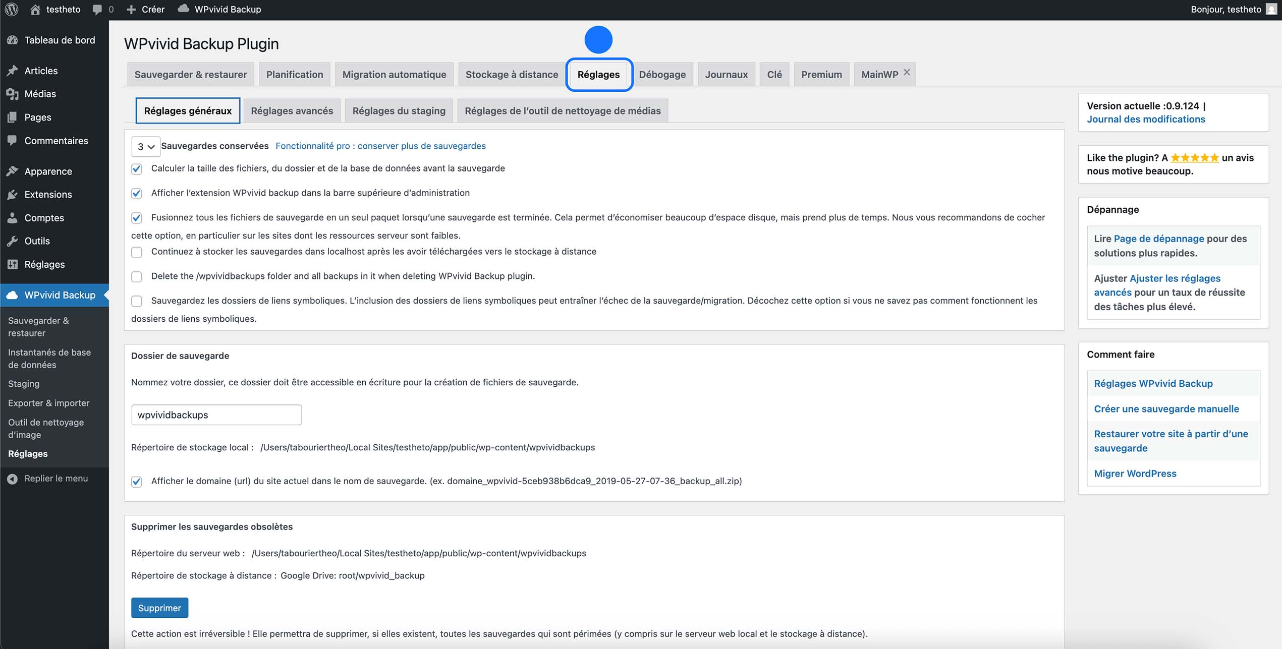 Réglages généraux du plugin WPvivid Backup dans WordPress