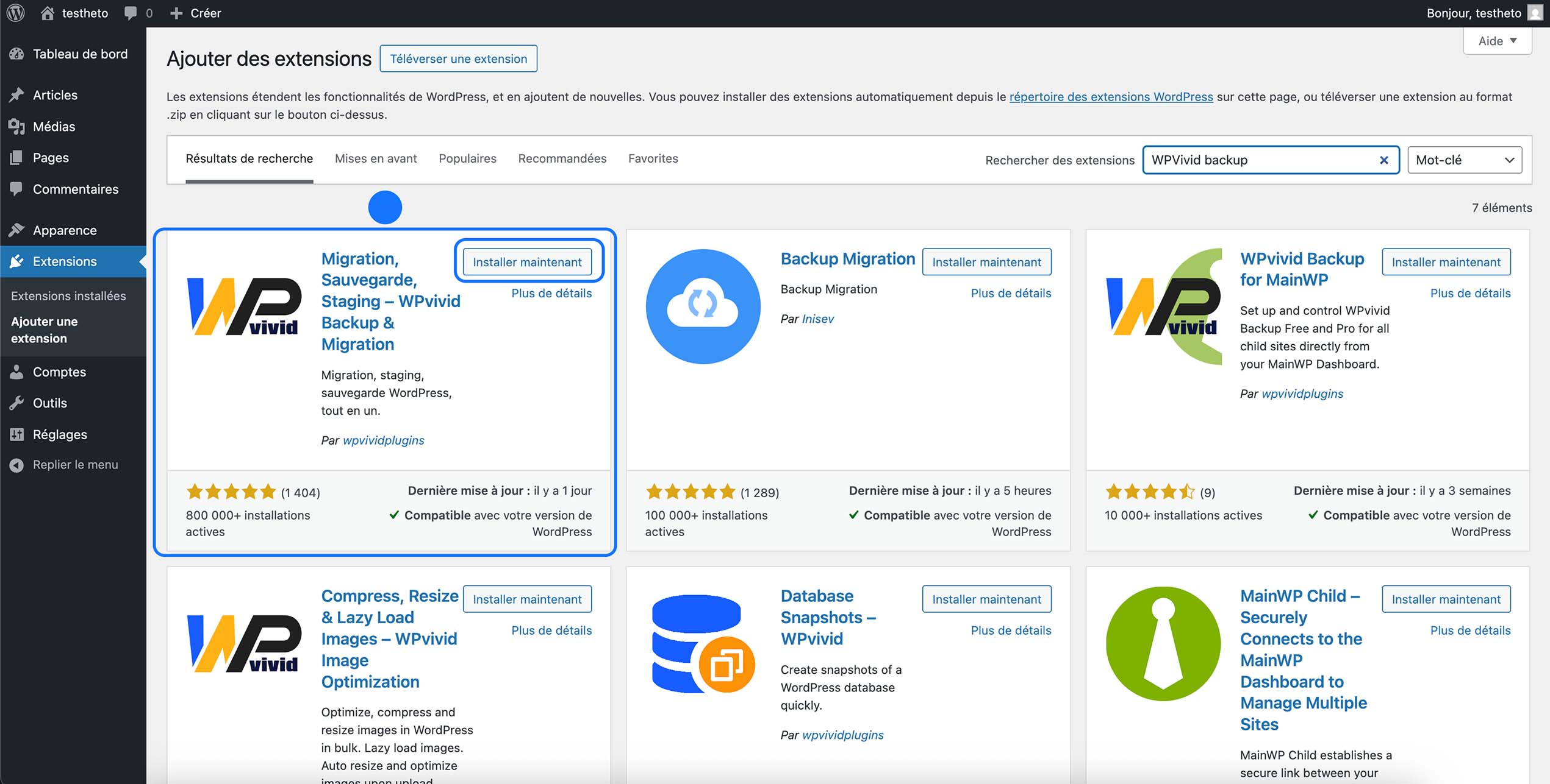Installation du plugin WPvivid Backup & Migration depuis le répertoire WordPress