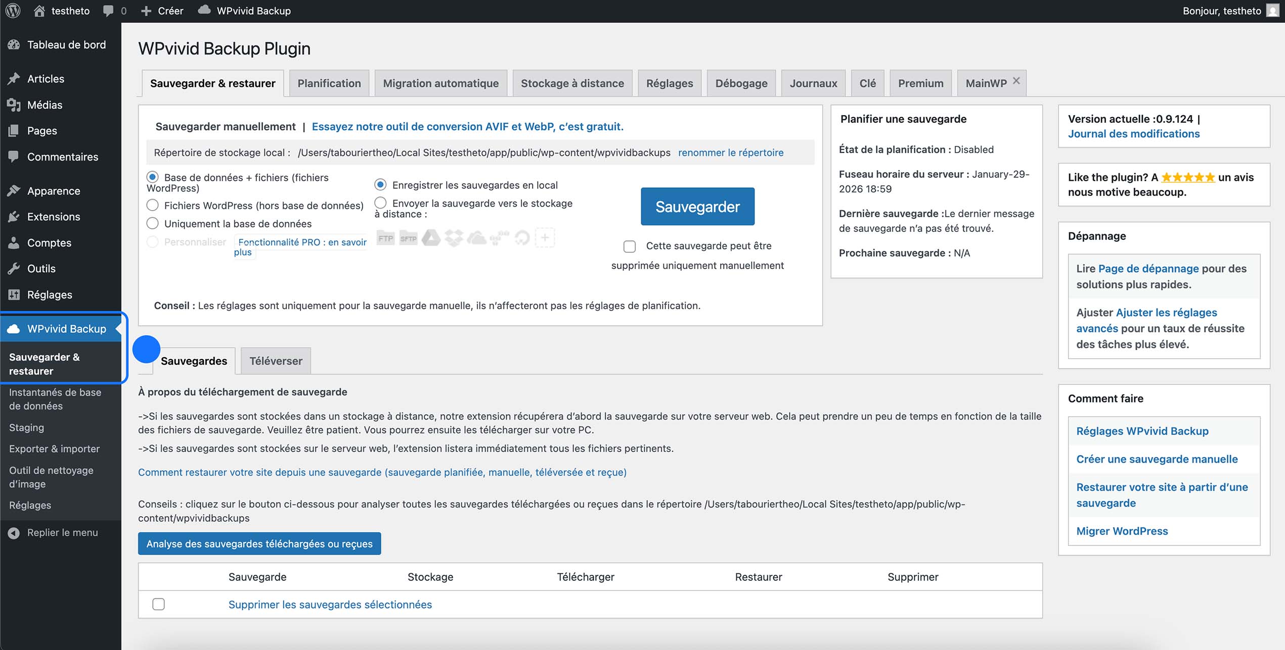 Liste des sauvegardes WordPress dans WPvivid avec options de téléchargement et restauration