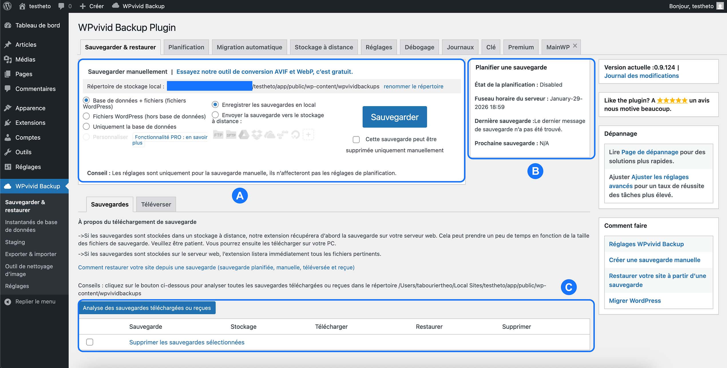 Interface WPvivid pour sauvegarde manuelle WordPress avec statut de planification et gestion des sauvegardes