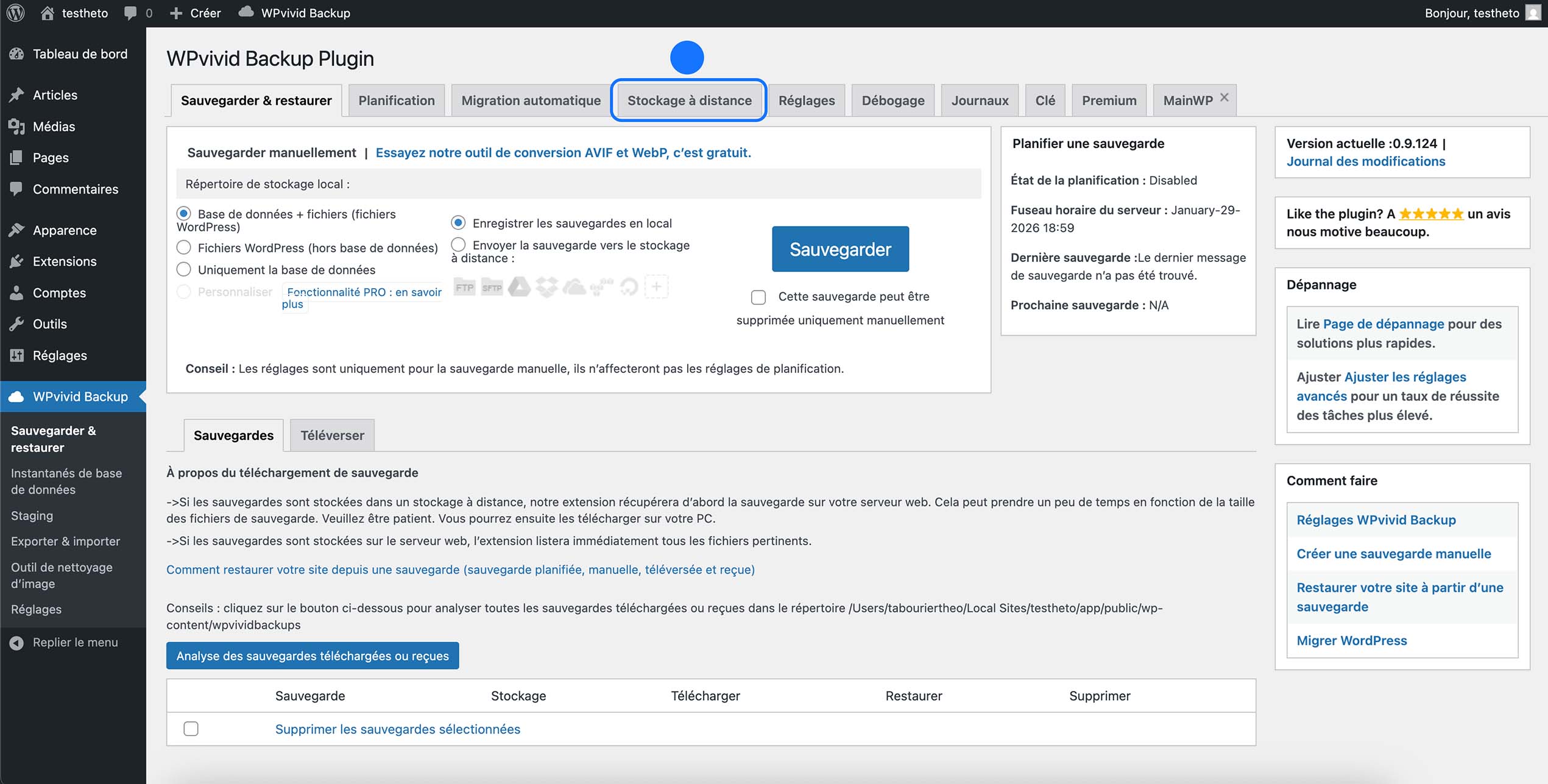 Lancer une sauvegarde manuelle WordPress avec le plugin WPvivid