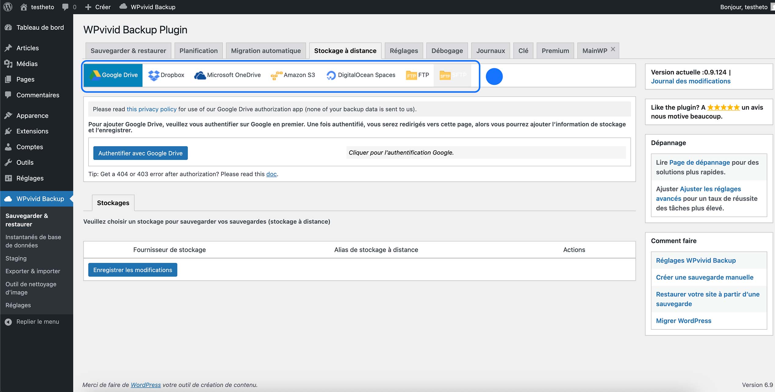 Options de stockage à distance dans WPvivid Backup (Google Drive, Dropbox, OneDrive, S3…)