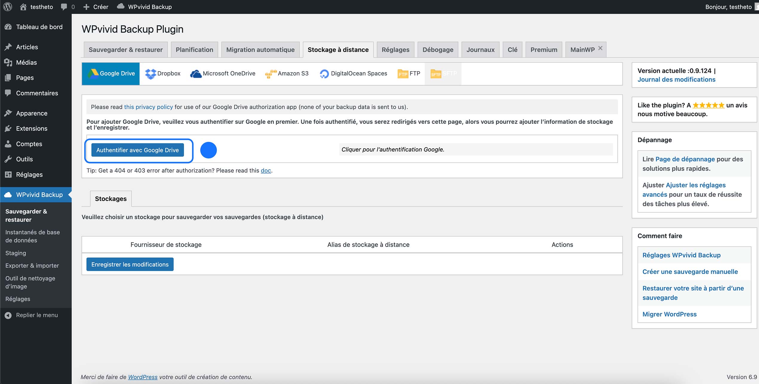 Connexion de Google Drive comme stockage distant dans le plugin WPvivid Backup pour WordPress