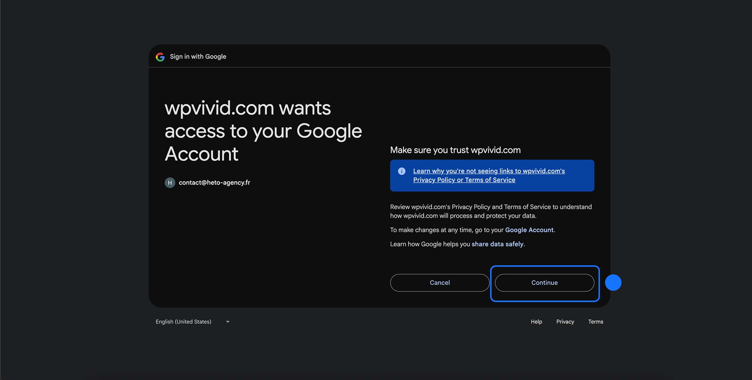 Écran d’autorisation Google pour connecter WPvivid Backup à Google Drive
