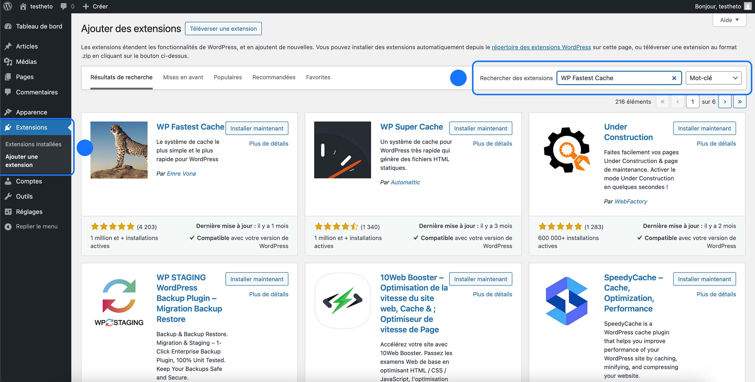 Recherche du plugin WP Fastest Cache dans le répertoire d’extensions WordPress