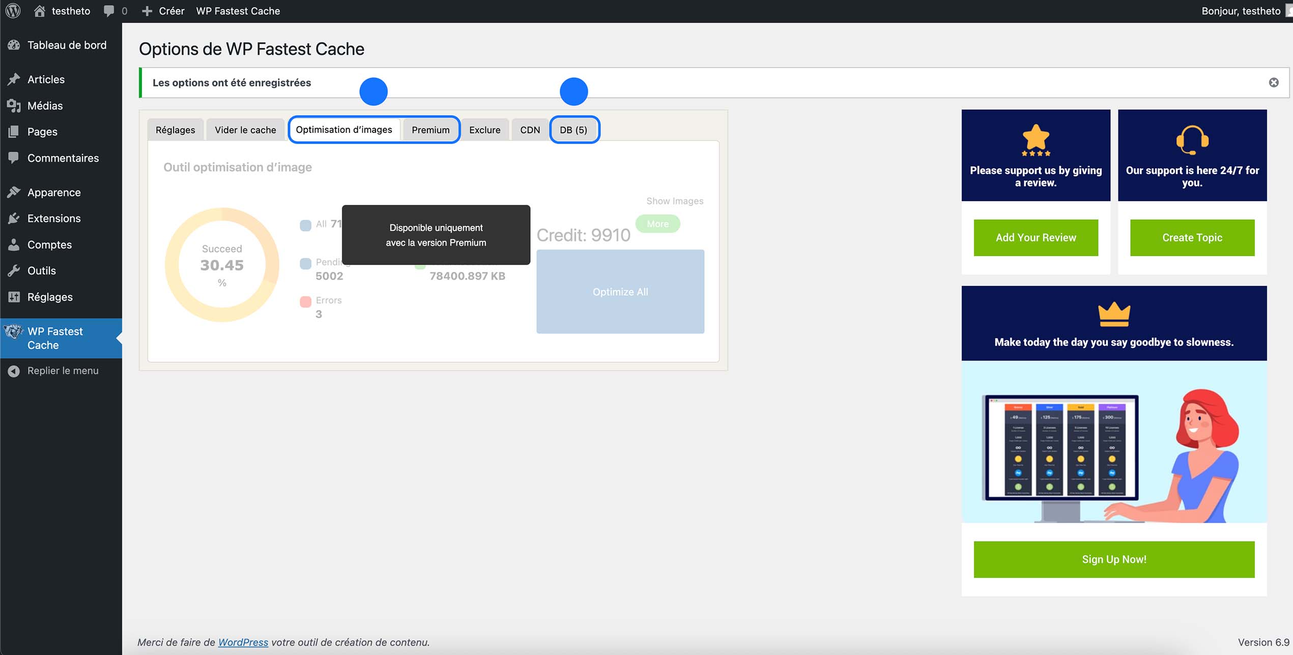 Outil d’optimisation d’images WP Fastest Cache dans WordPress