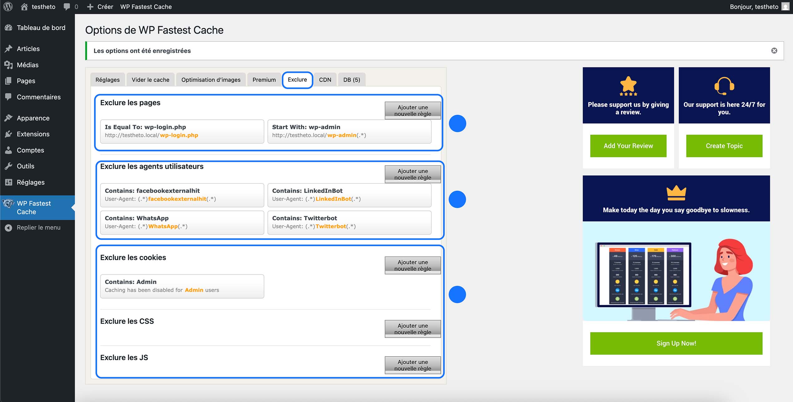 Paramètres d’exclusion WP Fastest Cache dans WordPress