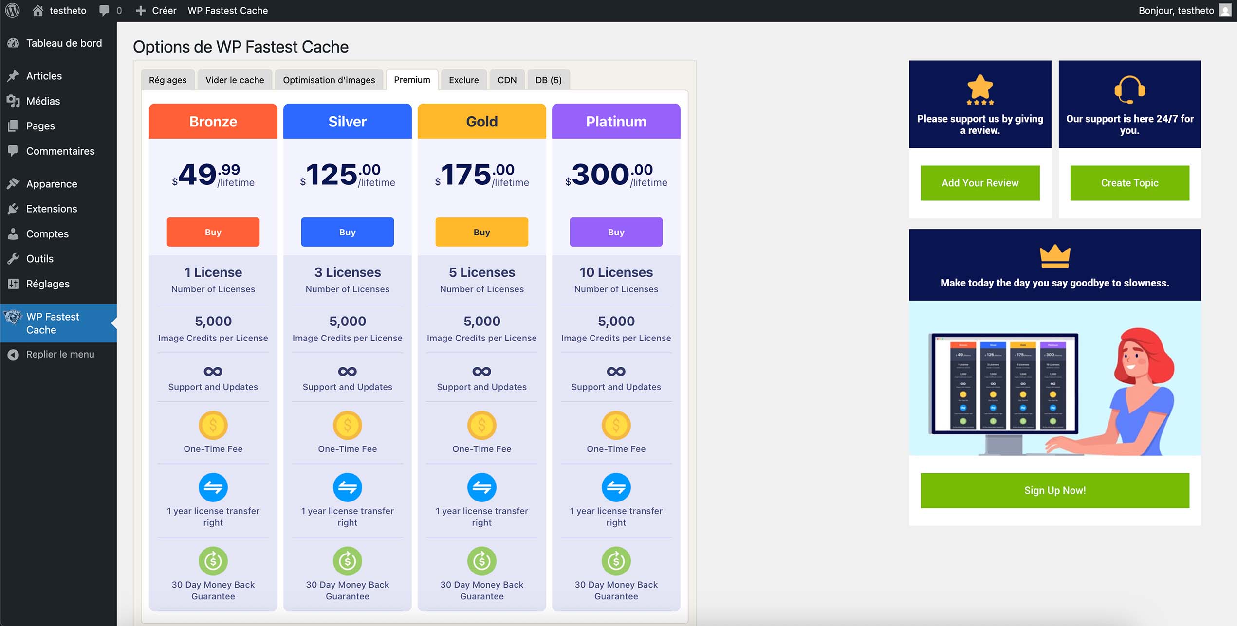 Interface des options WP Fastest Cache dans WordPress avec les offres premium Bronze, Silver, Gold et Platinum