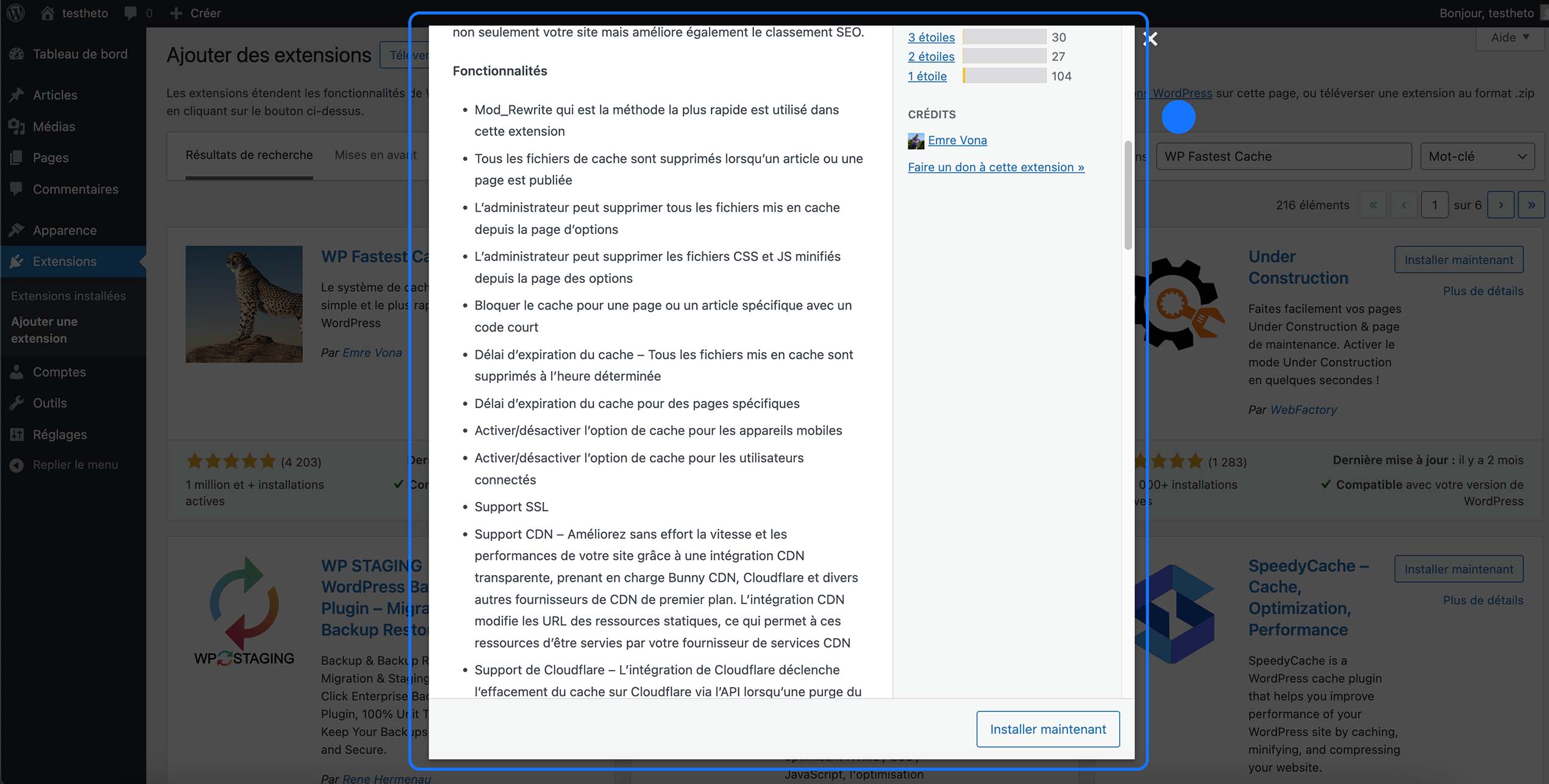Détails et fonctionnalités du plugin WP Fastest Cache dans WordPress