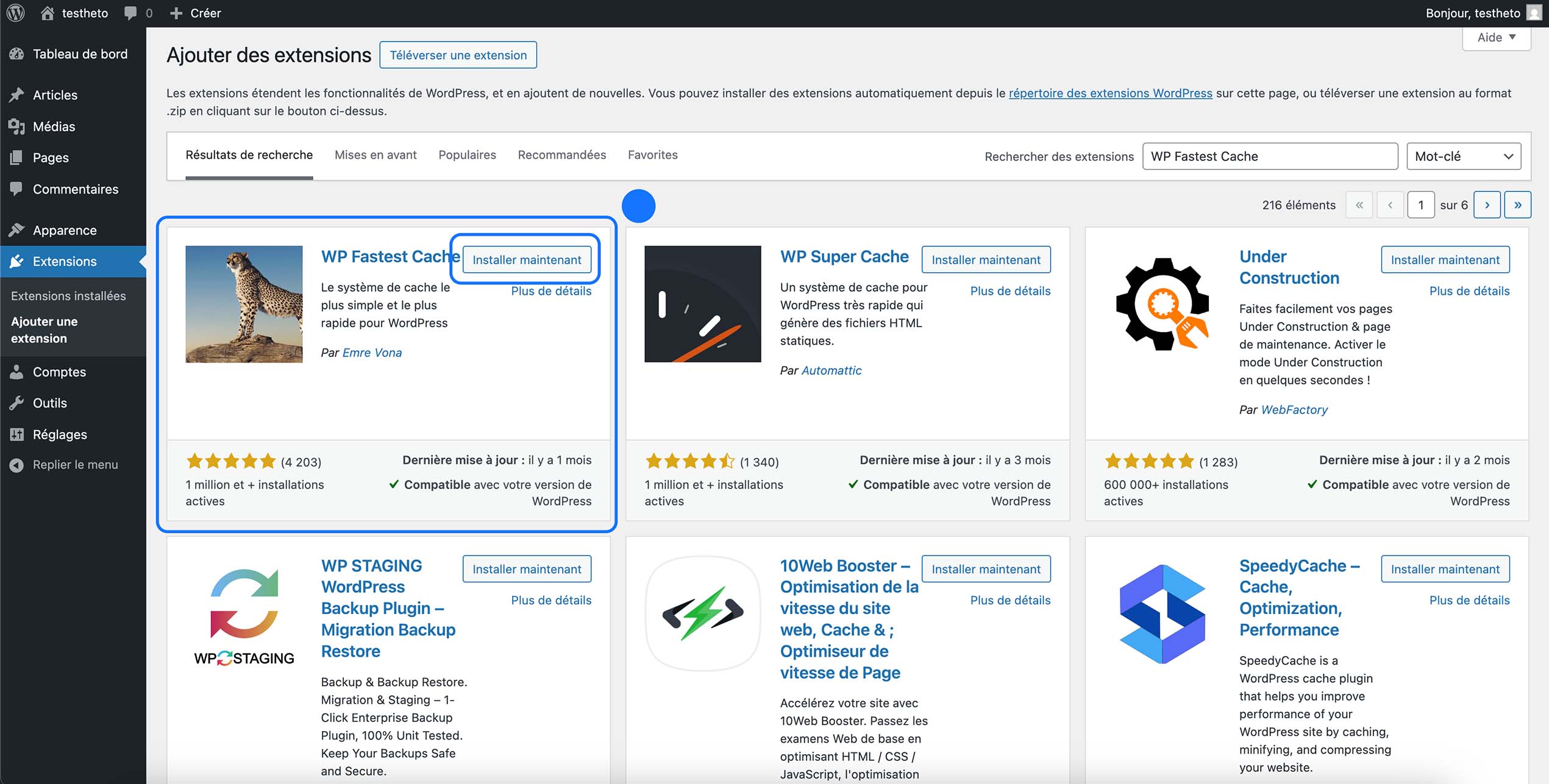 Installer le plugin WP Fastest Cache depuis le répertoire des extensions WordPress