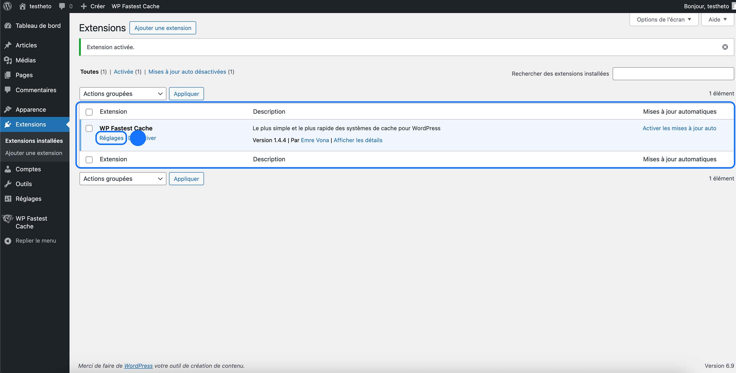 Accéder aux réglages du plugin WP Fastest Cache depuis la page Extensions WordPress
