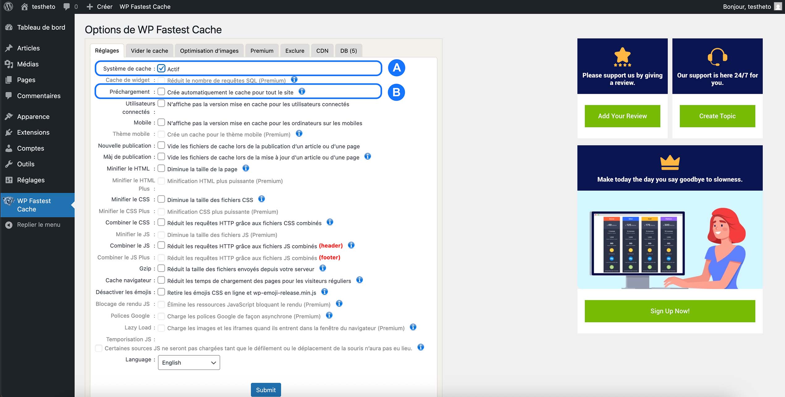 Activation du cache et du préchargement dans les réglages WP Fastest Cache