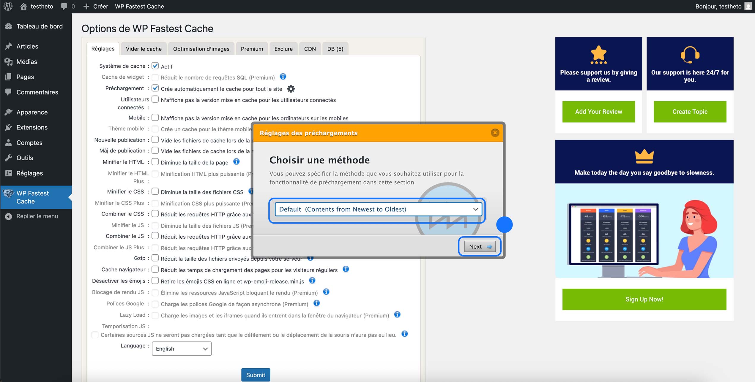 Choix de la méthode de préchargement du cache dans WP Fastest Cache