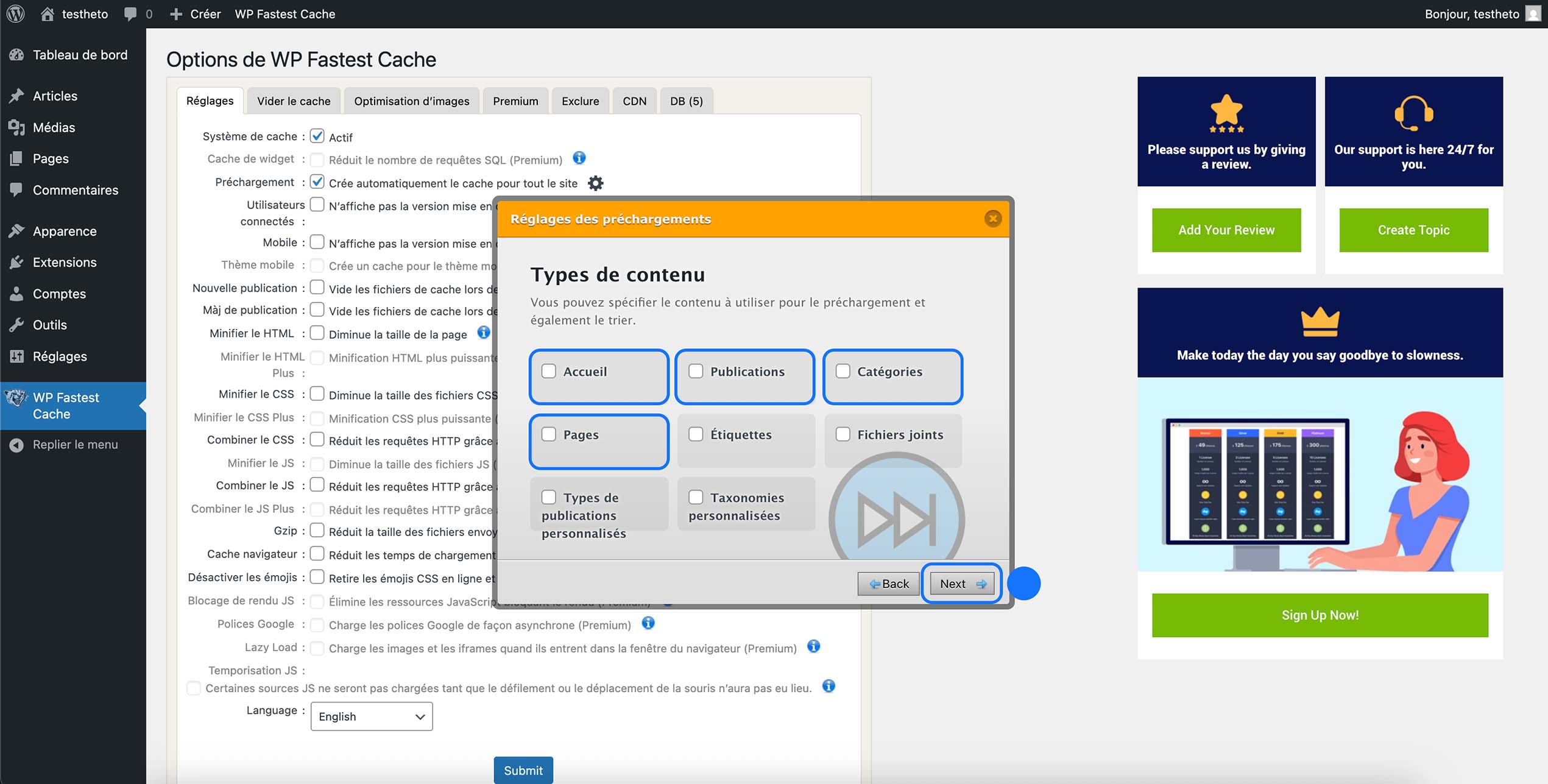 Sélection des types de contenu à précharger dans WP Fastest Cache sur WordPress