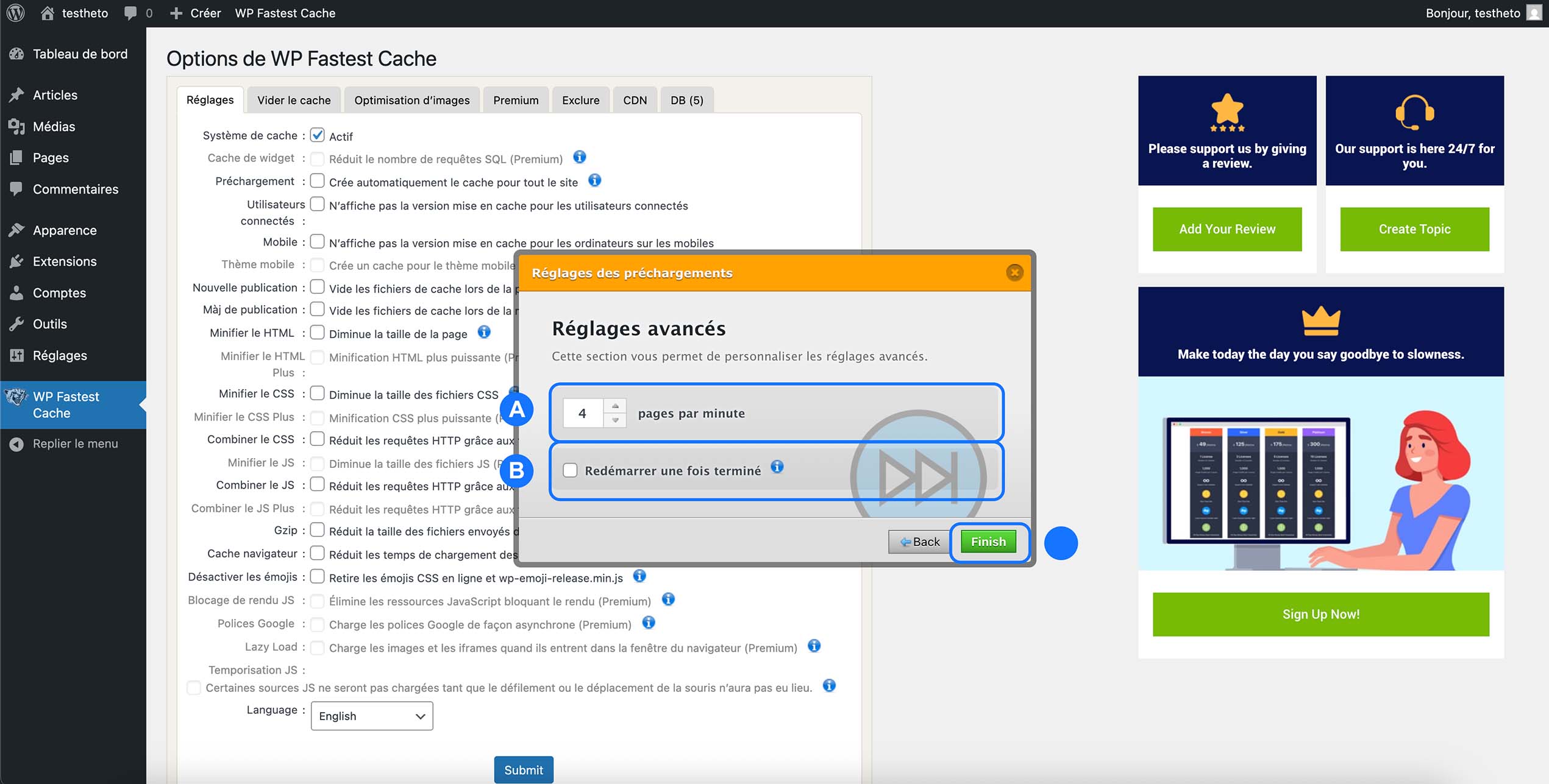 Réglages avancés du préchargement du cache dans WP Fastest Cache sur WordPress