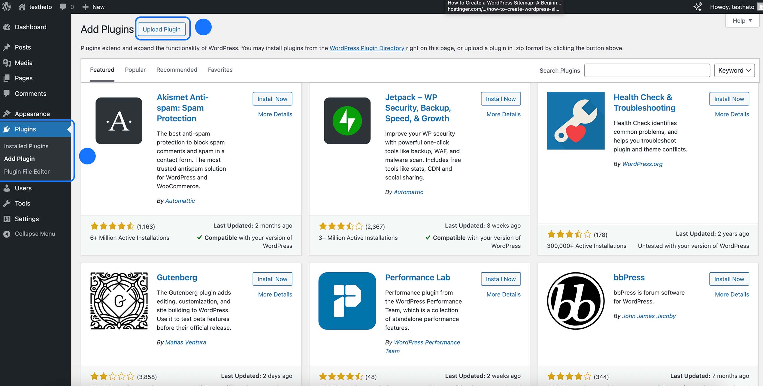 Ajouter une extension WordPress – écran Add Plugin avec bouton Upload Plugin