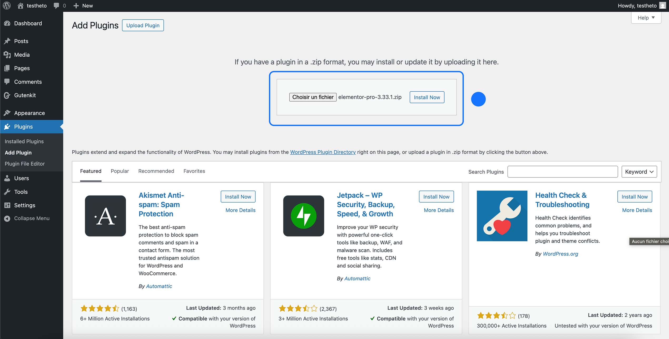 Téléversement du plugin Elementor Pro dans WordPress