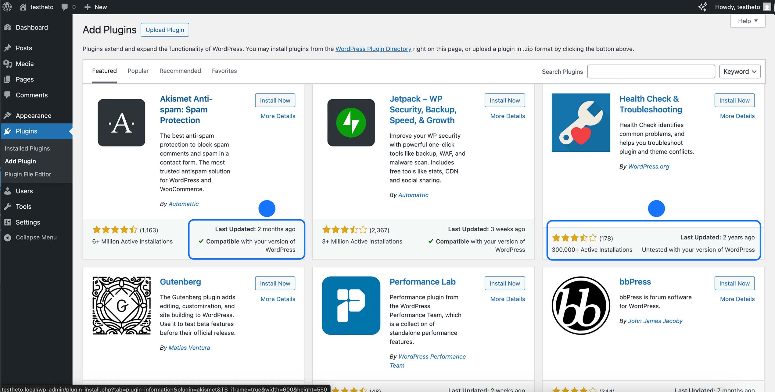 Page Ajouter une extension WordPress montrant les plugins disponibles