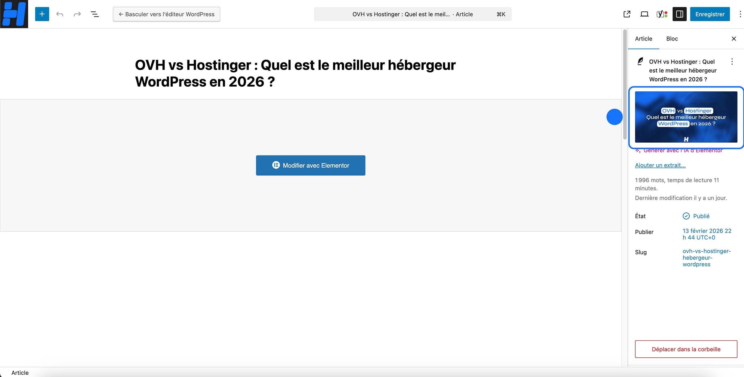 Une vue de l’éditeur WordPress affichant l’article « OVH vs Hostinger : Quel est le meilleur hébergeur WordPress en 2026 ? », avec dans la colonne de droite l’image mise en avant (featured image) du comparatif.