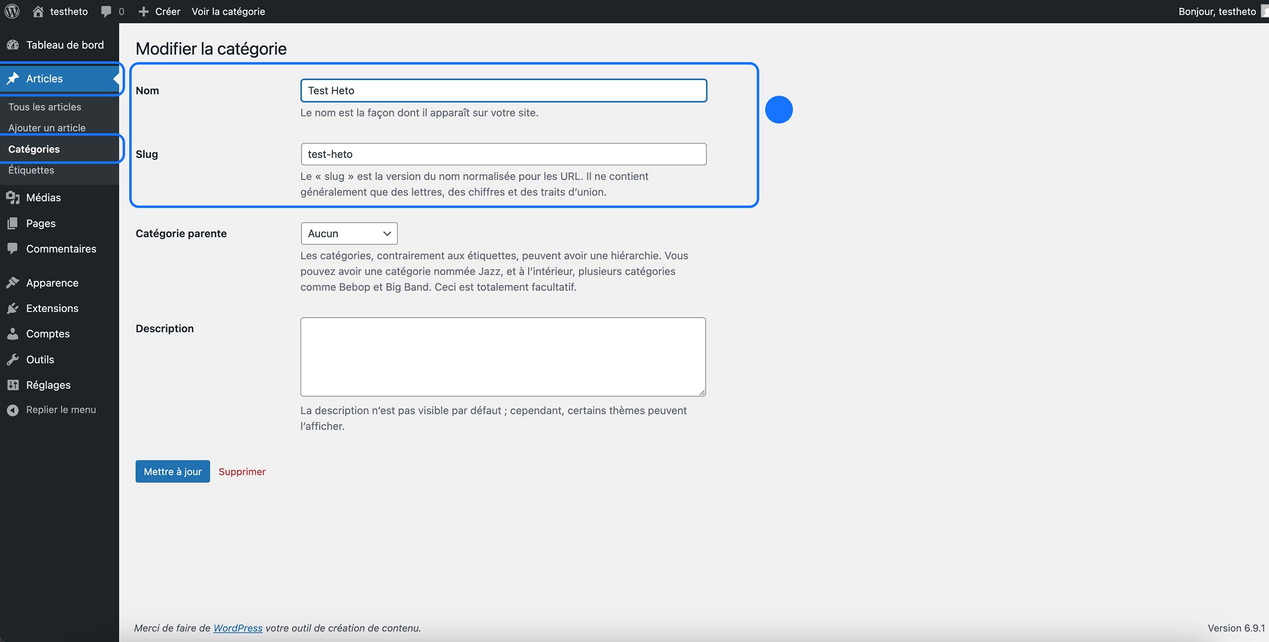 Une page d’administration WordPress permettant de modifier une catégorie, avec les champs du nom et du slug mis en avant pour personnaliser l’URL et l’intitulé affiché sur le site.