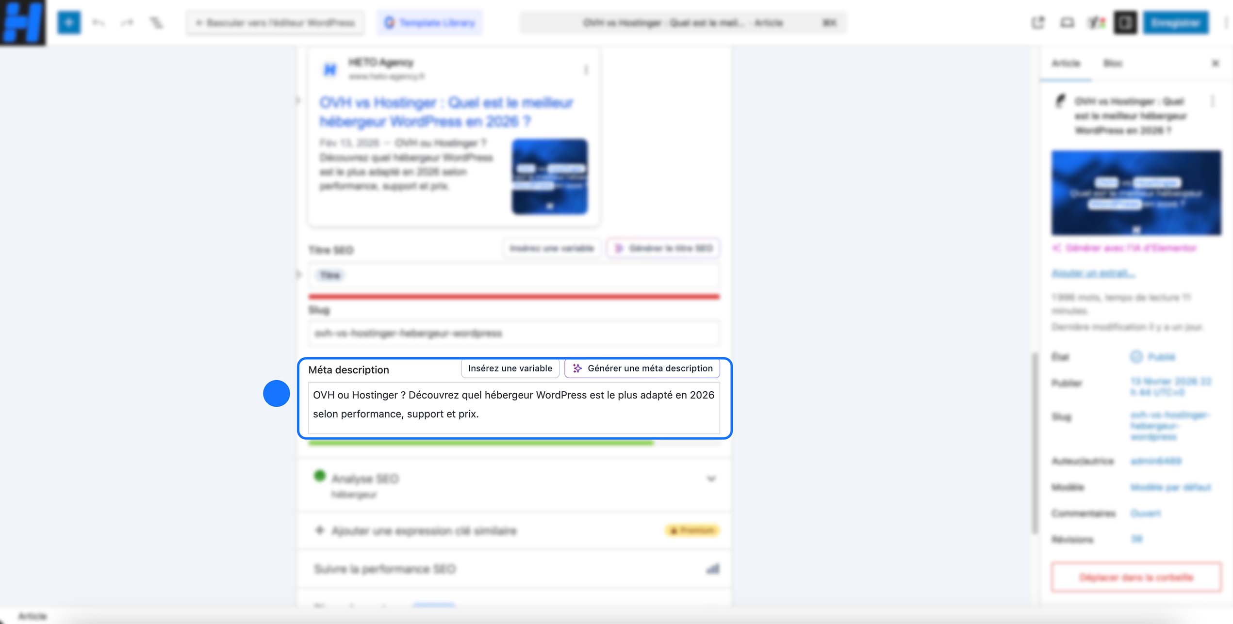 Une interface d’édition WordPress montrant les réglages SEO, avec le champ méta description rempli pour comparer OVH et Hostinger selon la performance, le support et le prix en 2026.