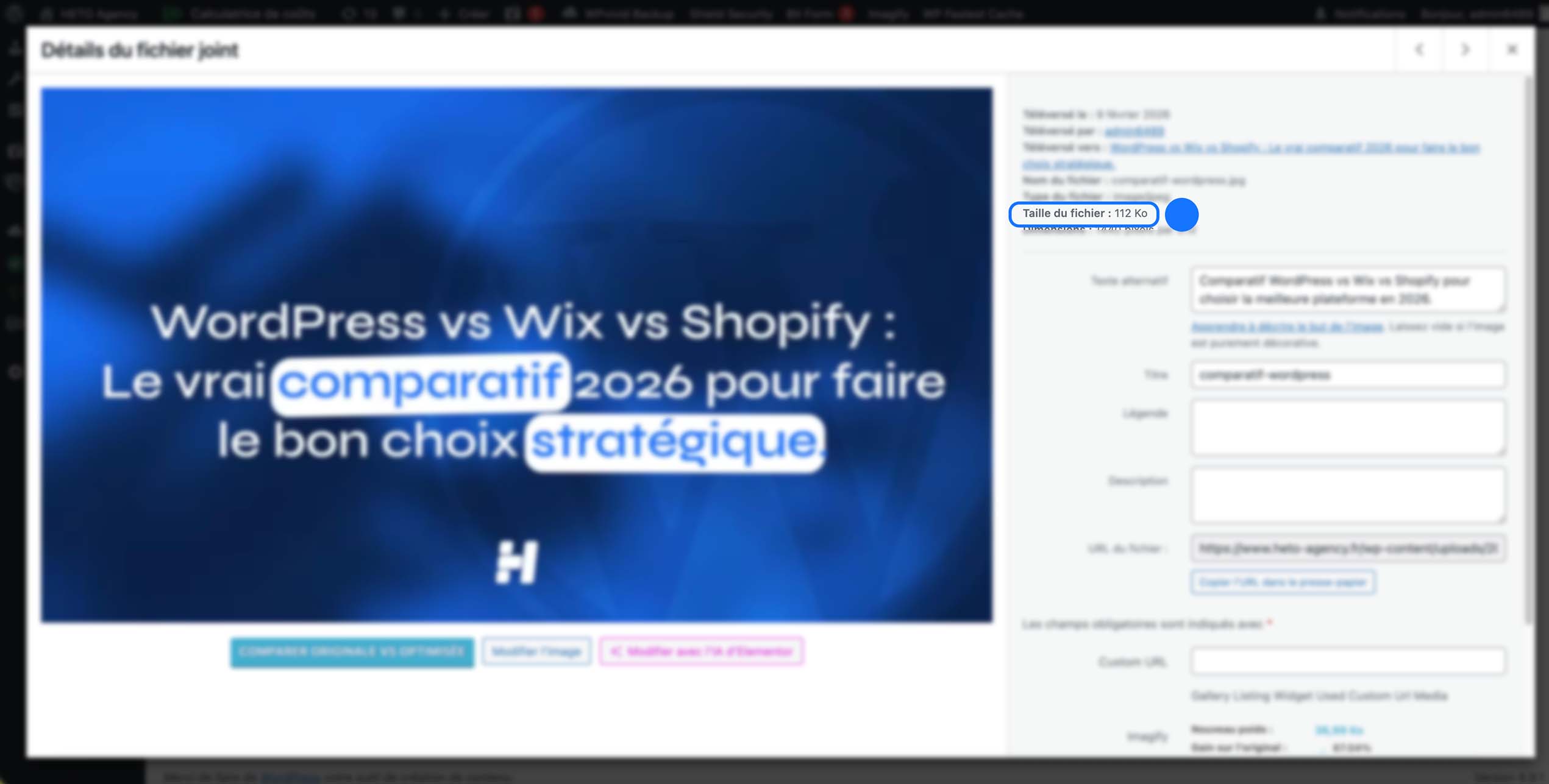 Une vue des détails d’un média dans WordPress montrant l’image de couverture d’un comparatif WordPress vs Wix vs Shopify, avec la taille du fichier mise en évidence dans le panneau d’informations à droite.