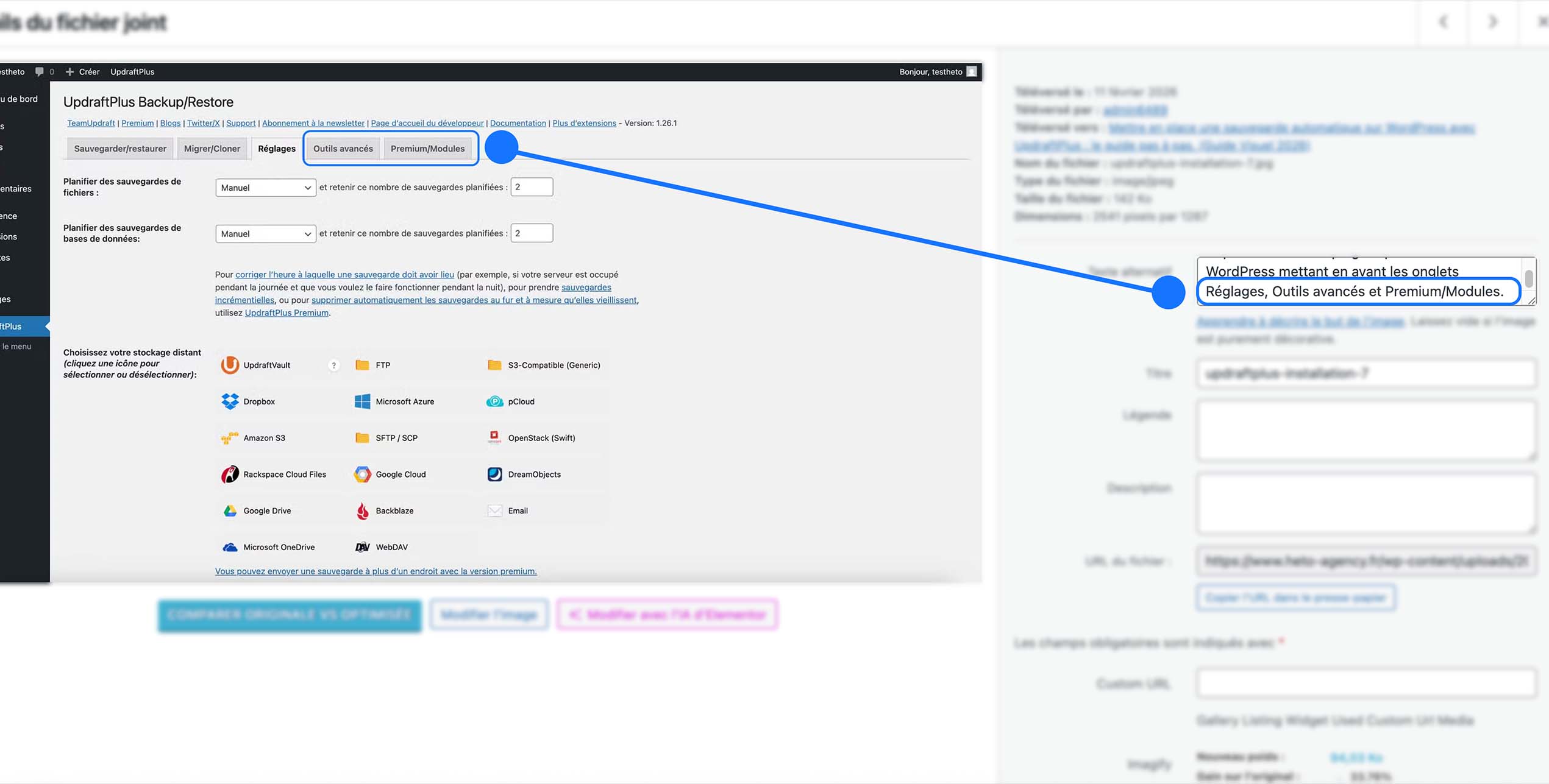 Illustration montrant le lien entre une image et son texte alternatif dans l’interface WordPress, avec une flèche reliant la capture du plugin au champ où l’alt description est renseignée.