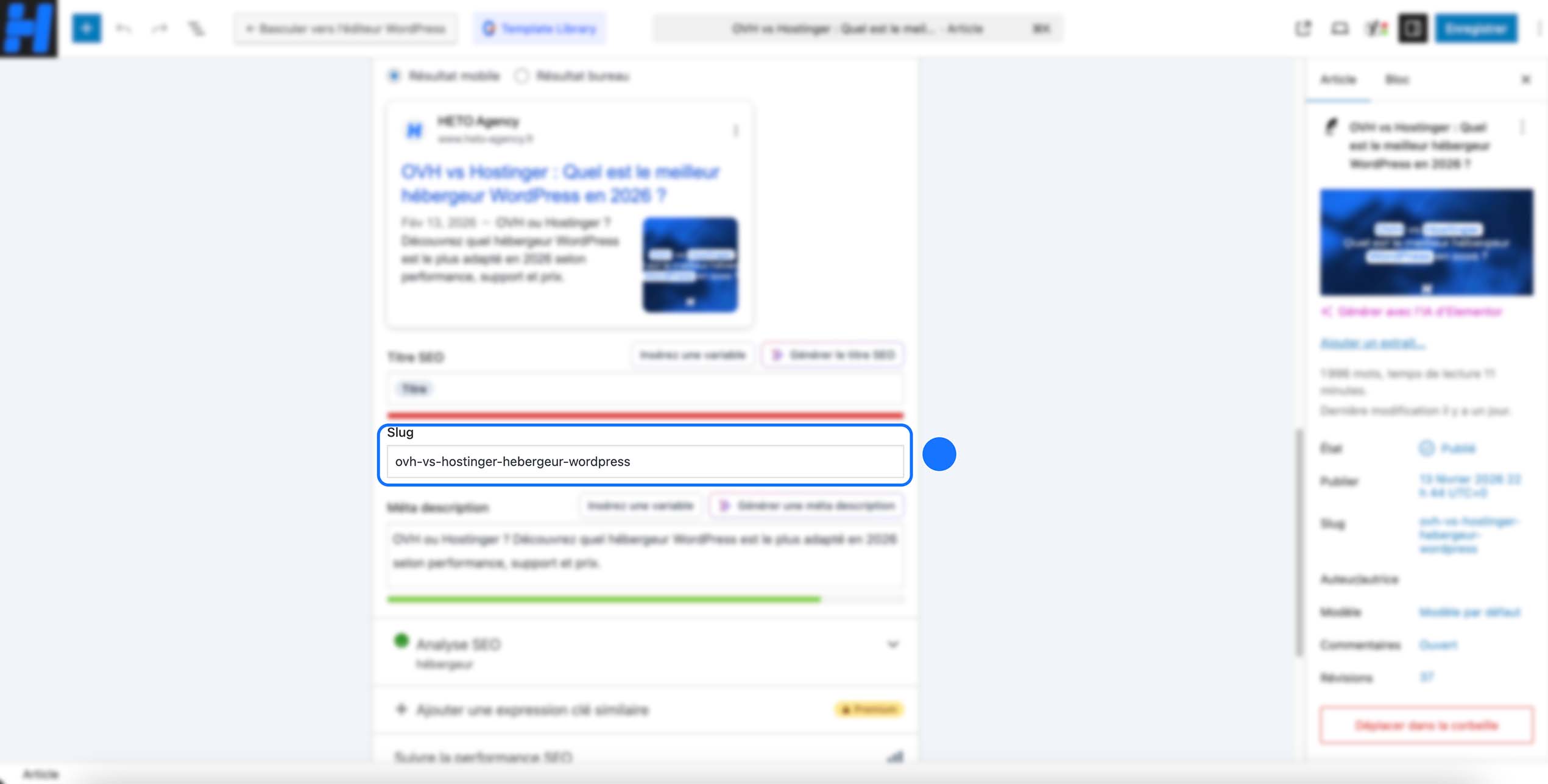 Une capture de l’éditeur WordPress mettant en avant le champ slug avec une URL courte et propre, illustrant l’optimisation d’un permalien pour le référencement naturel.
