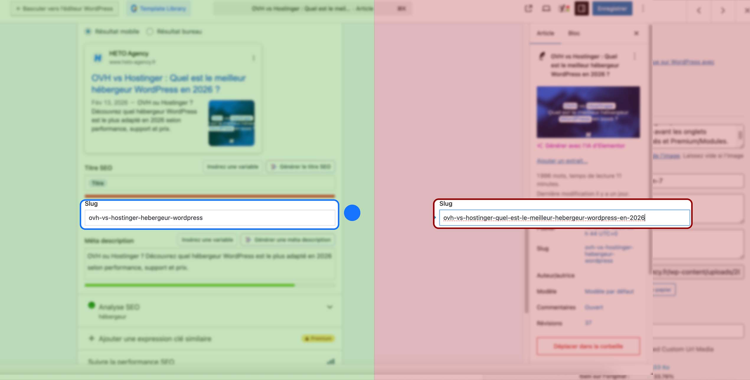 Une comparaison de slug d’URL : à gauche une version courte et optimisée, à droite une version trop longue et surchargée de mots-clés, illustrant les bonnes pratiques SEO pour des permaliens clairs et efficaces.