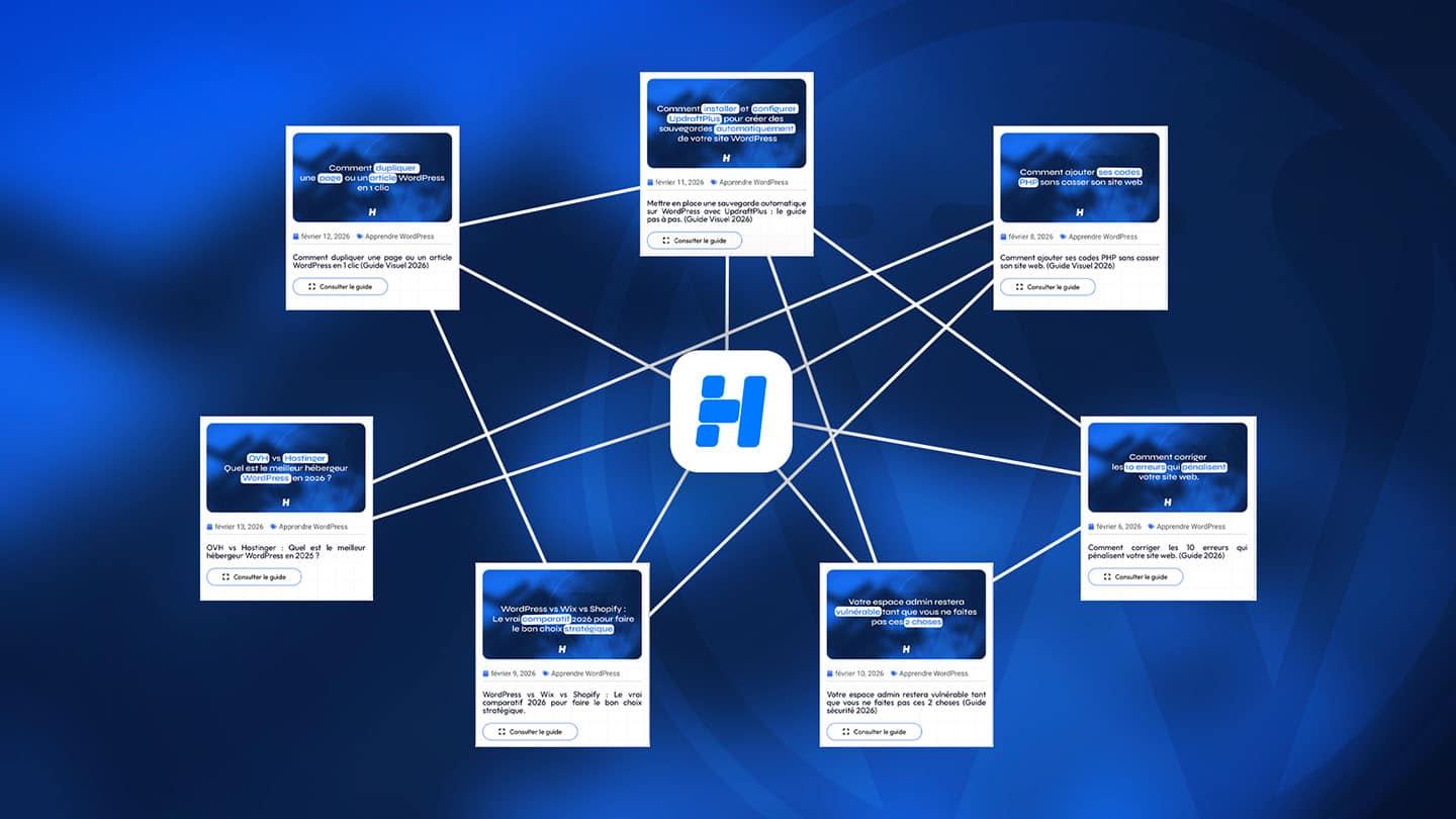 Une illustration du maillage interne : plusieurs pages d’articles sont reliées entre elles par des lignes autour d’un site central, montrant comment les contenus se connectent pour renforcer la navigation et le SEO.