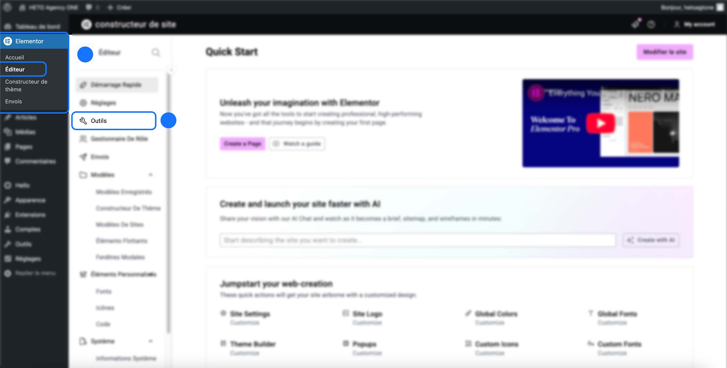 Accès aux outils Elementor depuis le tableau de bord WordPress en passant par Elementor → Outils, afin de configurer les paramètres avancés comme le mode maintenance.