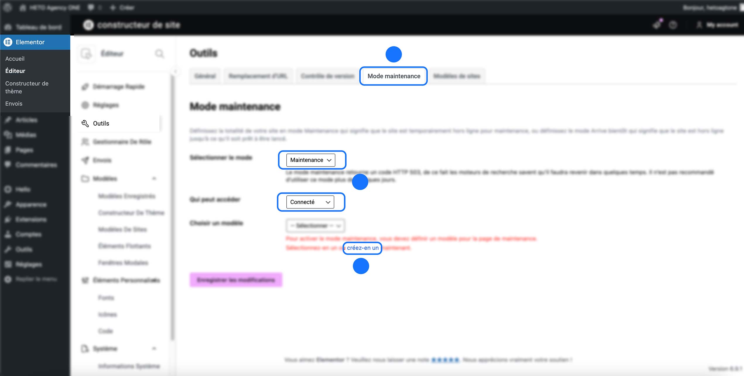 Configuration du mode maintenance dans Elementor en sélectionnant le mode Maintenance, en définissant l’accès aux utilisateurs connectés et en créant un modèle de page de maintenance.