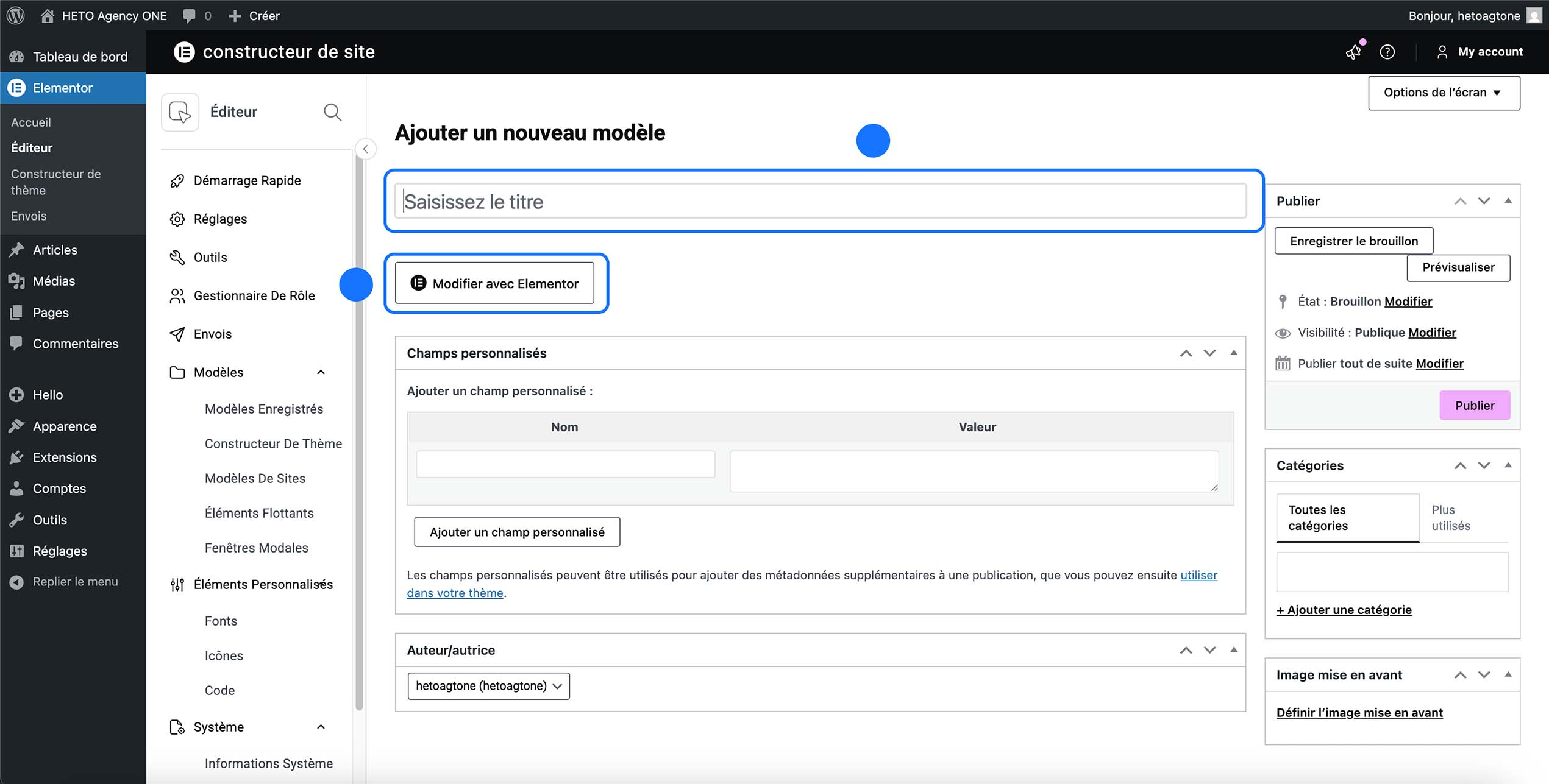 Création d’un nouveau modèle Elementor en saisissant un titre puis en ouvrant l’éditeur Elementor pour concevoir la page personnalisée.