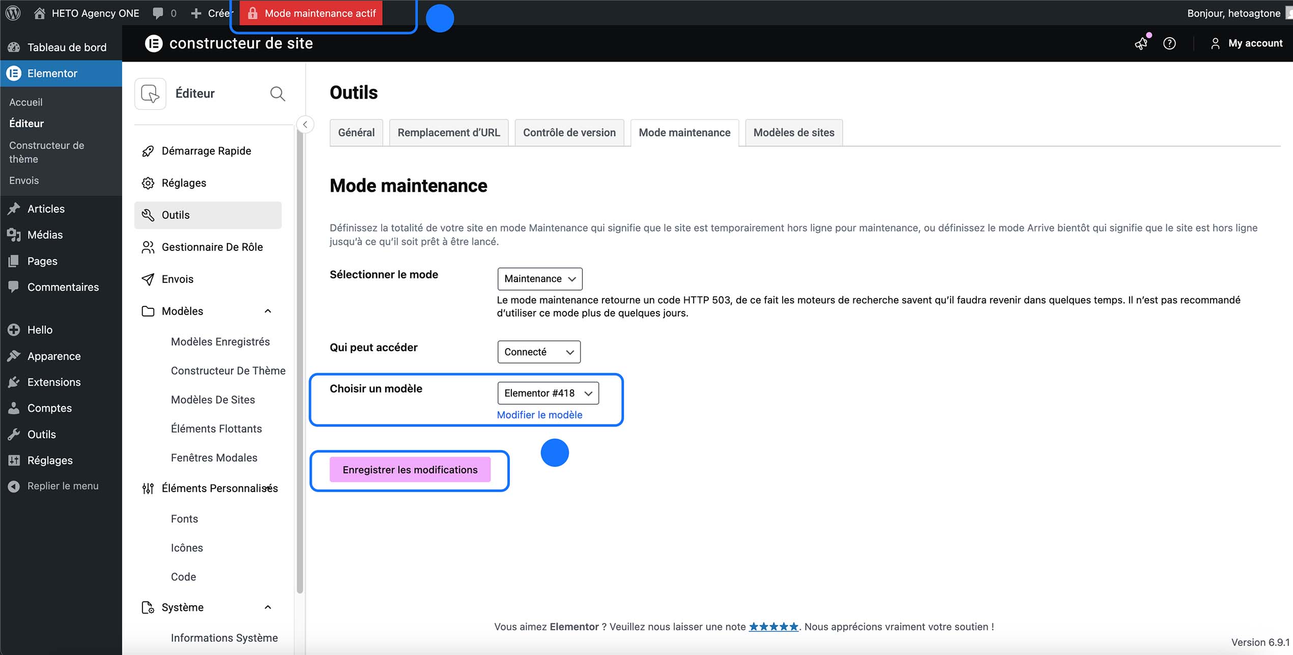 Activation du mode maintenance dans Elementor, avec sélection du modèle de page de maintenance et enregistrement des modifications pour rendre le site temporairement indisponible aux visiteu