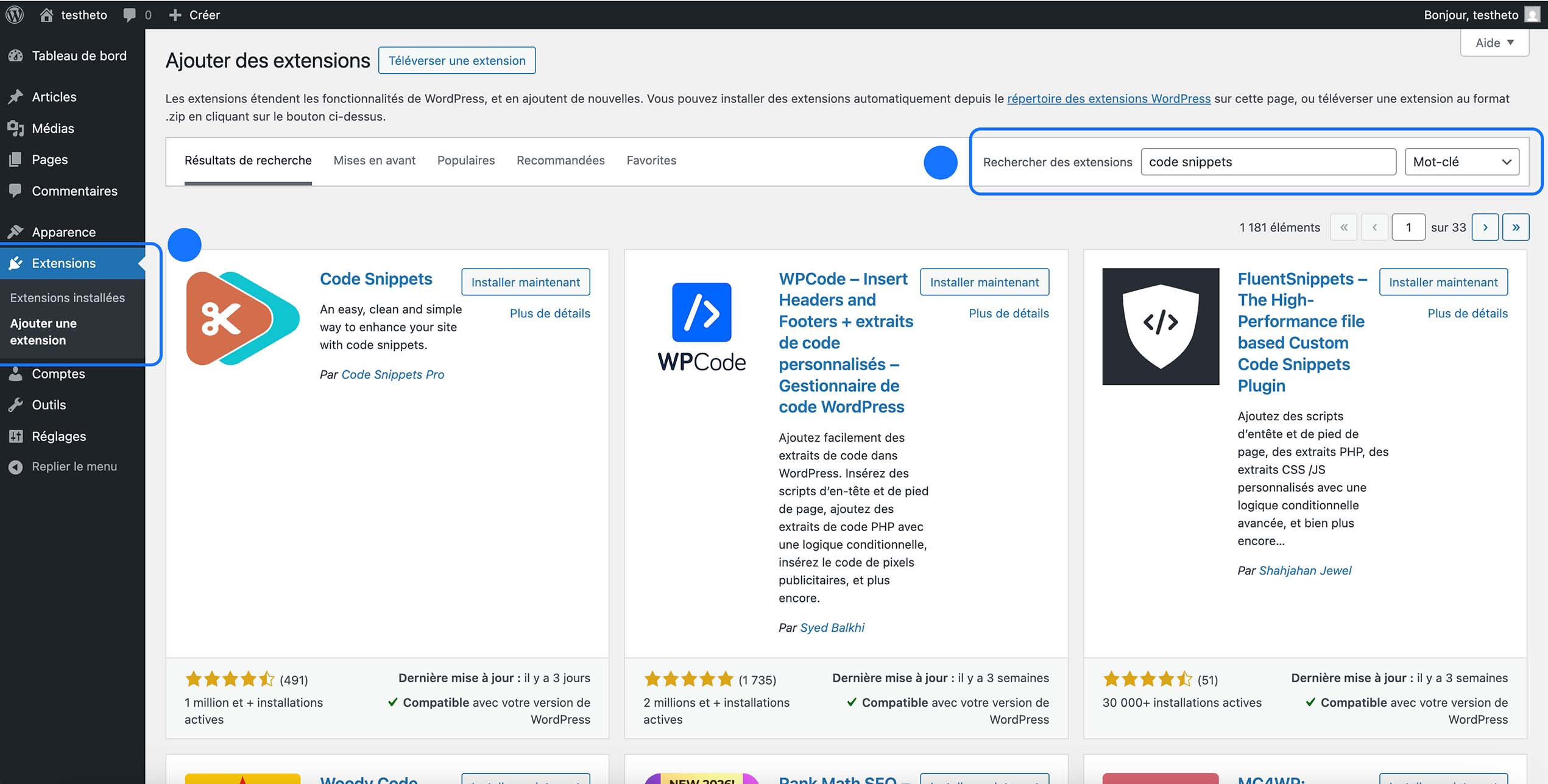 Recherche du plugin Code Snippets dans le répertoire des extensions WordPress