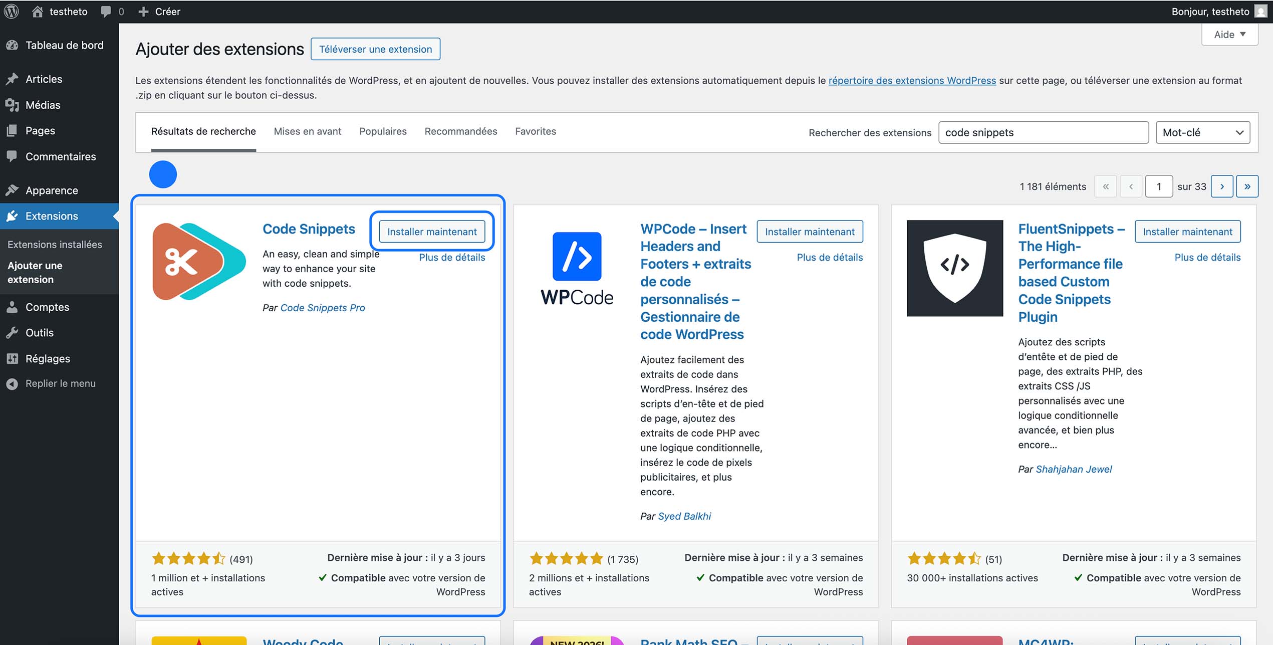 Installation du plugin Code Snippets depuis le répertoire des extensions WordPress