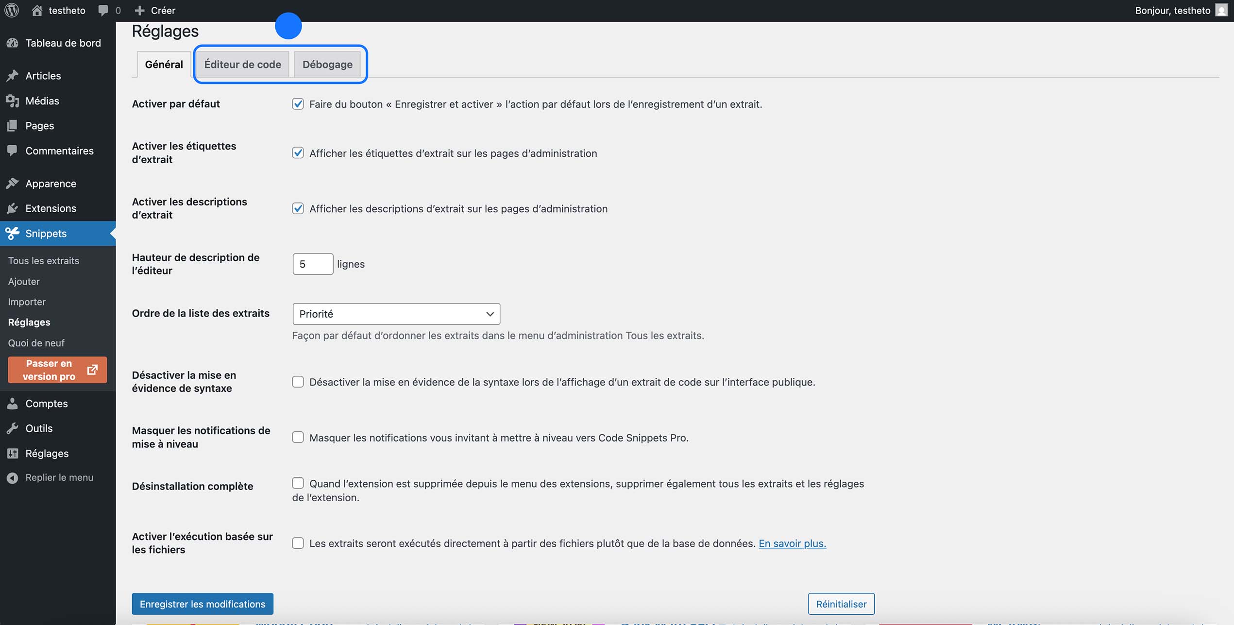 Réglages du plugin Code Snippets dans WordPress avec onglets Général, Éditeur de code et Débogage