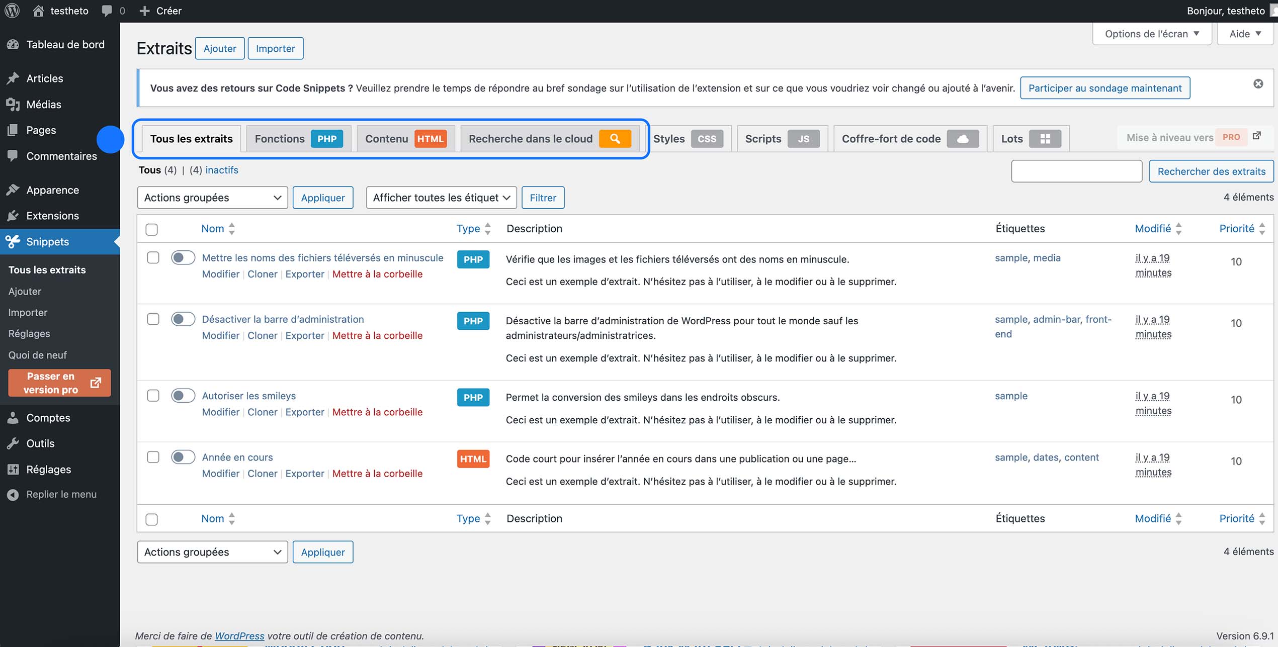 Vue des extraits du plugin Code Snippets dans WordPress avec filtres PHP et HTML