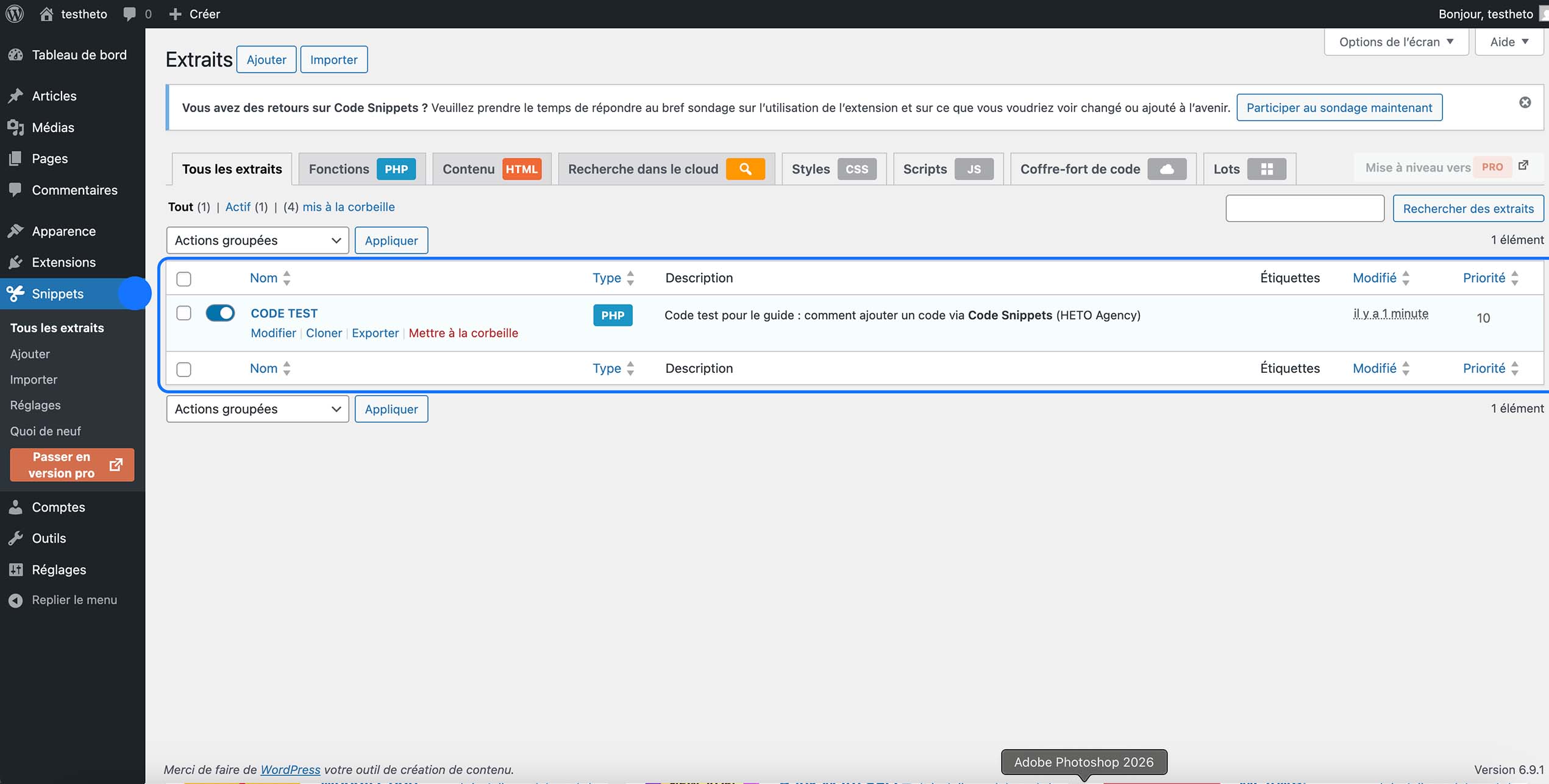 Liste des extraits du plugin Code Snippets dans l’administration WordPress avec un snippet PHP actif